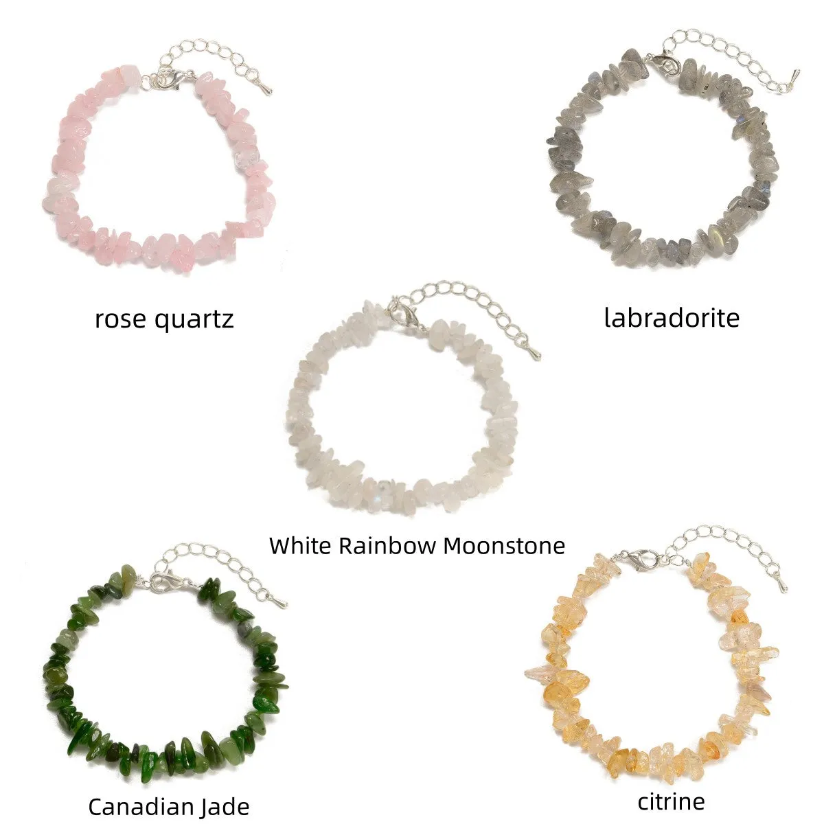 01-Mixed Gemstone Chips Bracelet Silver Plated Clasp Size 5-8mm 7''-8.5'' Length
