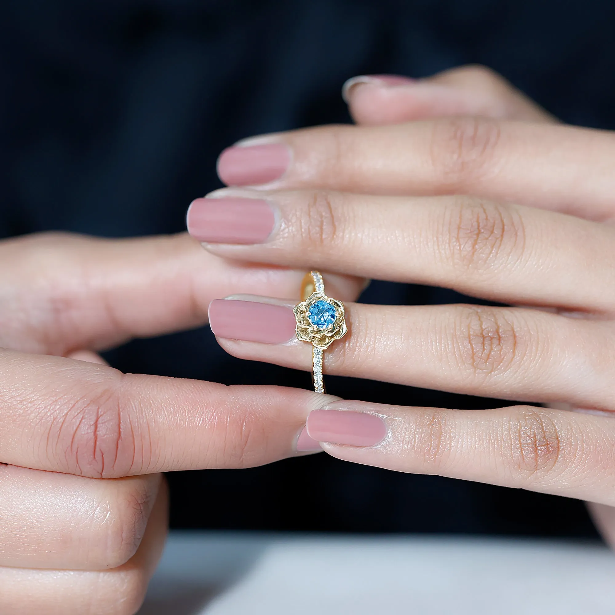 1/2 CT London Blue Topaz and Diamond Flower Engagement Ring