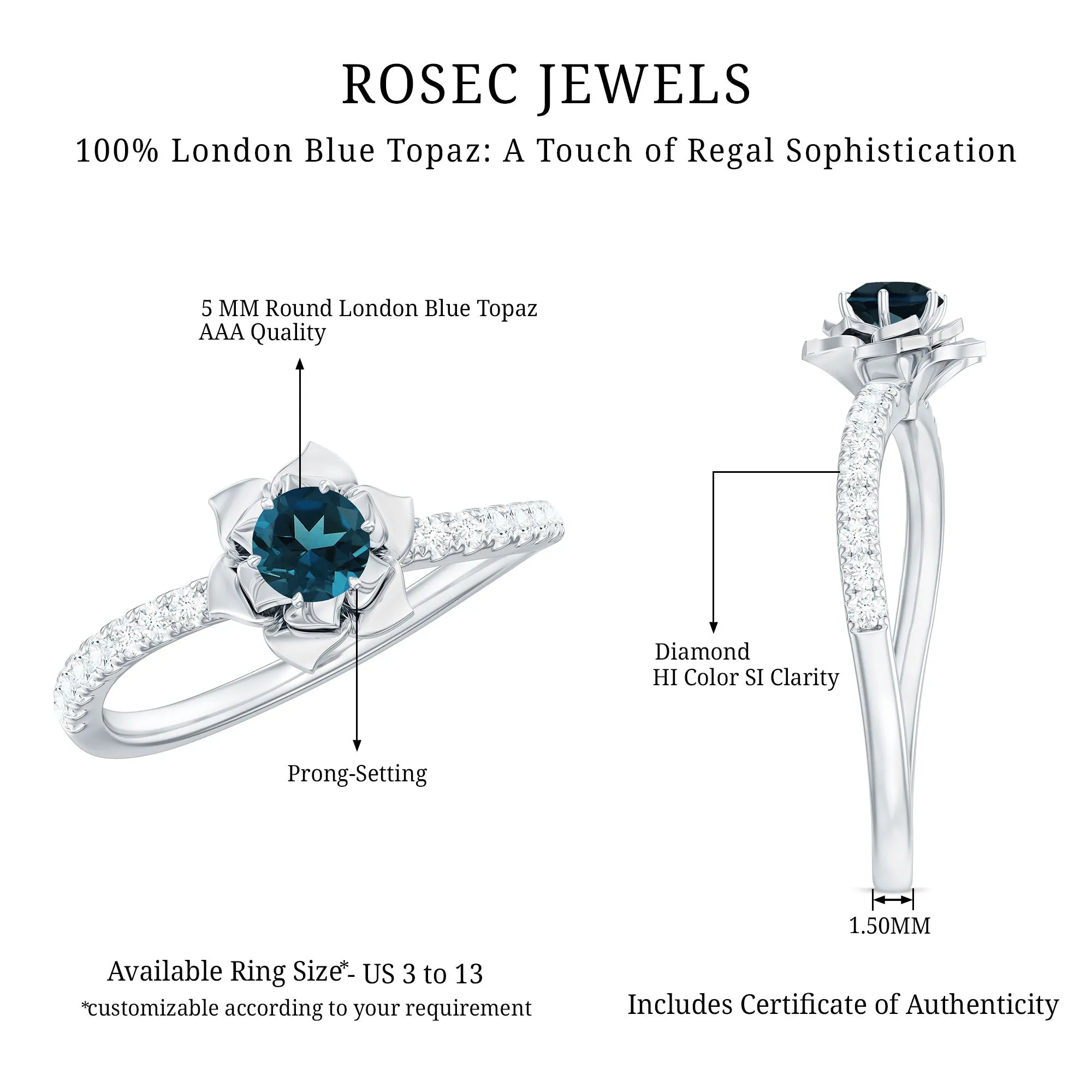 1/2 CT London Blue Topaz and Diamond Flower Engagement Ring