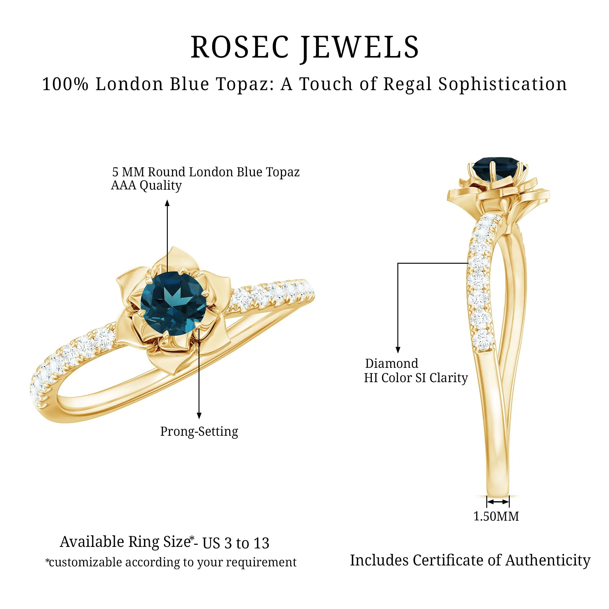 1/2 CT London Blue Topaz and Diamond Flower Engagement Ring