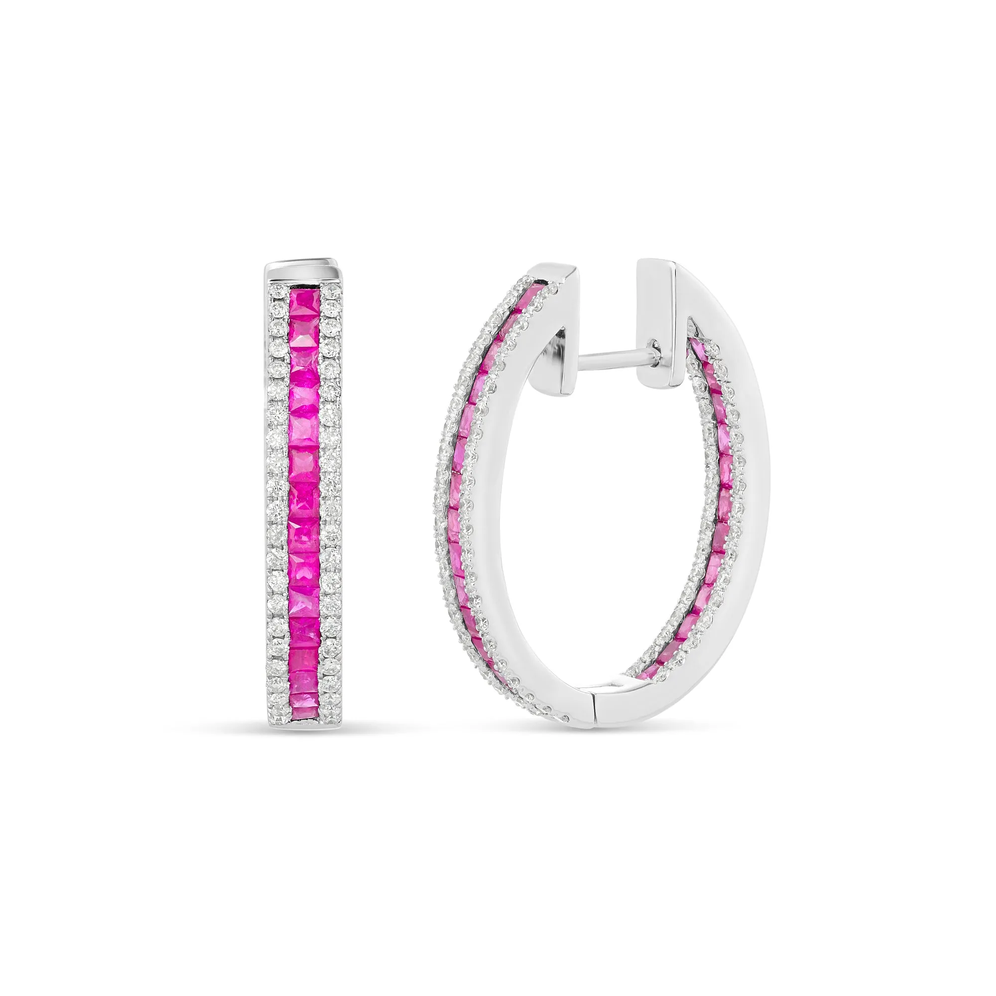 14k White Gold Emerald Cut Ruby & Diamond Hoop Earrings
