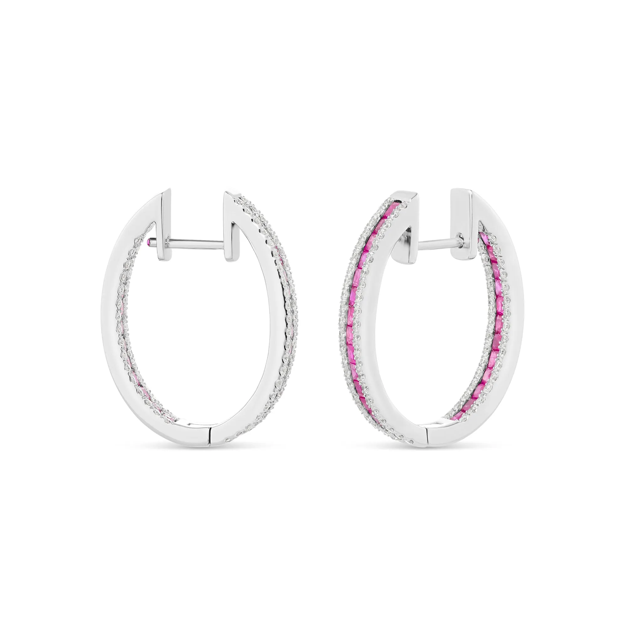 14k White Gold Emerald Cut Ruby & Diamond Hoop Earrings