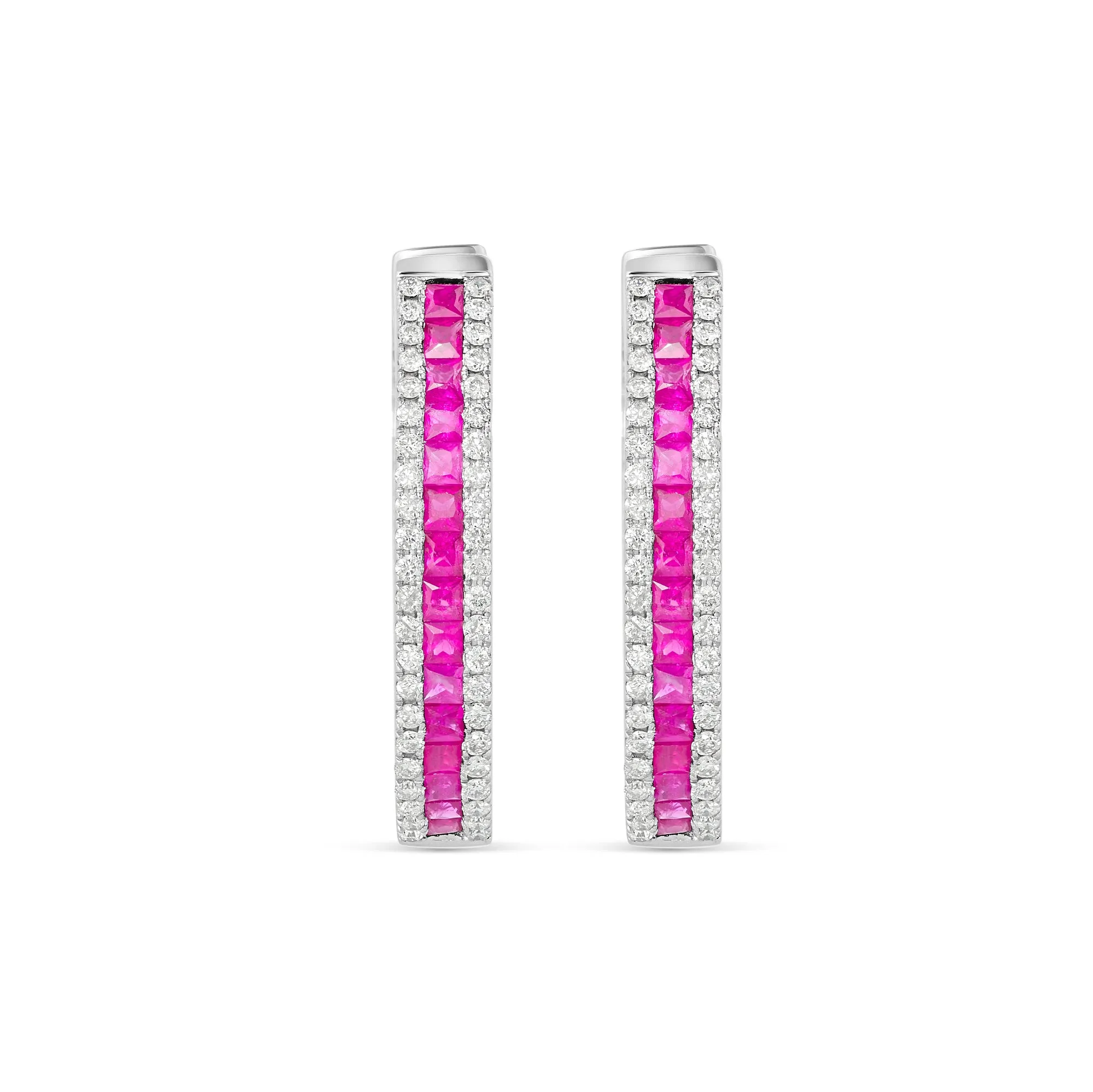 14k White Gold Emerald Cut Ruby & Diamond Hoop Earrings
