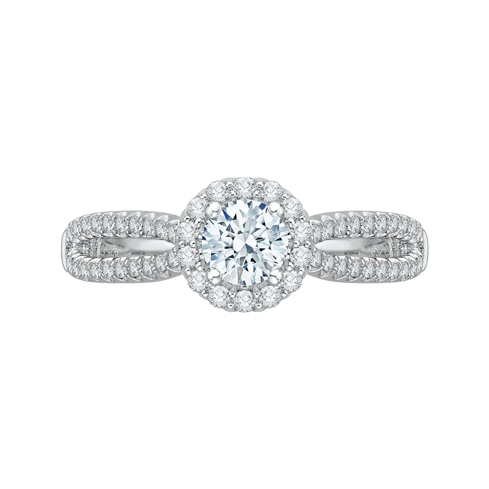 14K White Gold Round Diamond Halo Engagement Ring with Split Shank