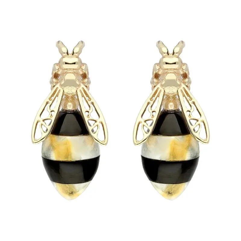 9ct Yellow Gold Whitby Jet Amber Bee Stud Earrings