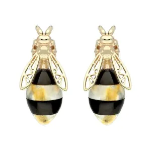 9ct Yellow Gold Whitby Jet Amber Bee Stud Earrings