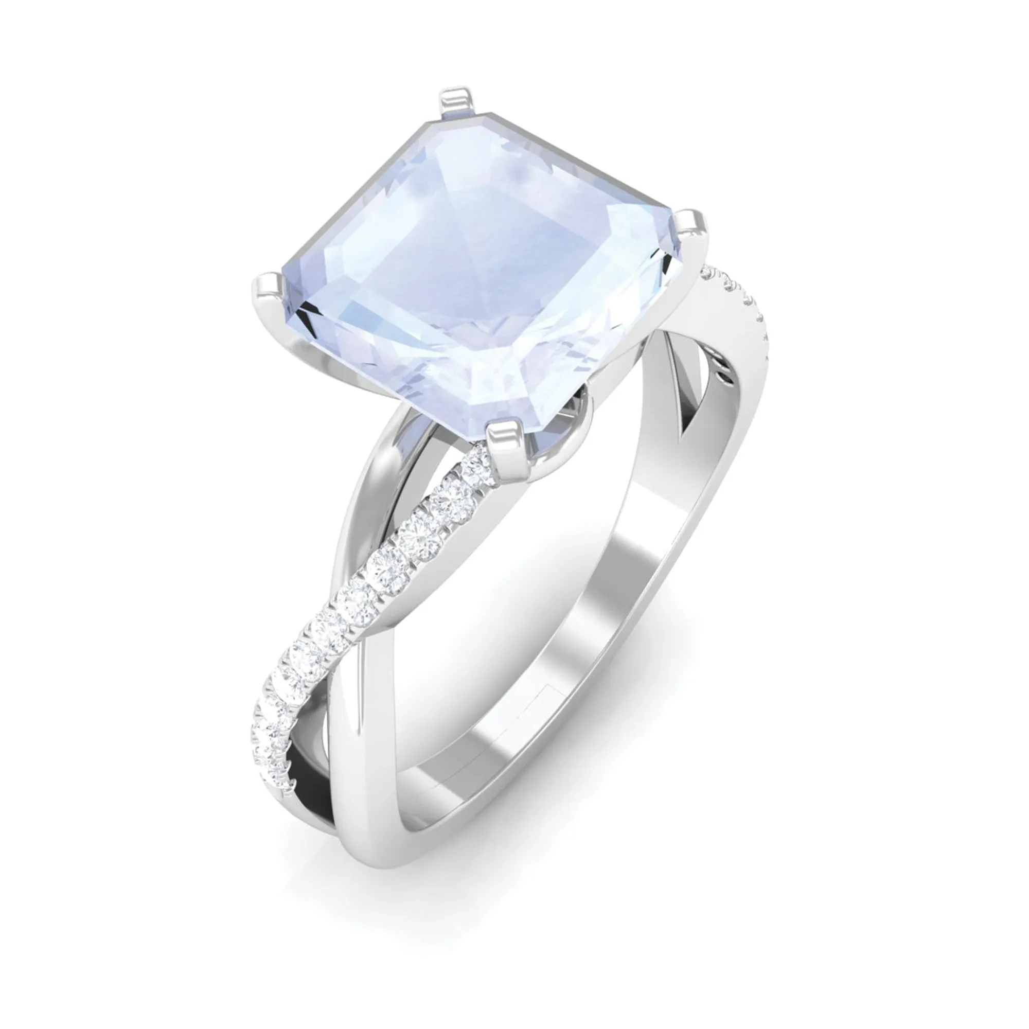 Asscher Cut Moonstone and Diamond Engagement Ring with Twisted Shank