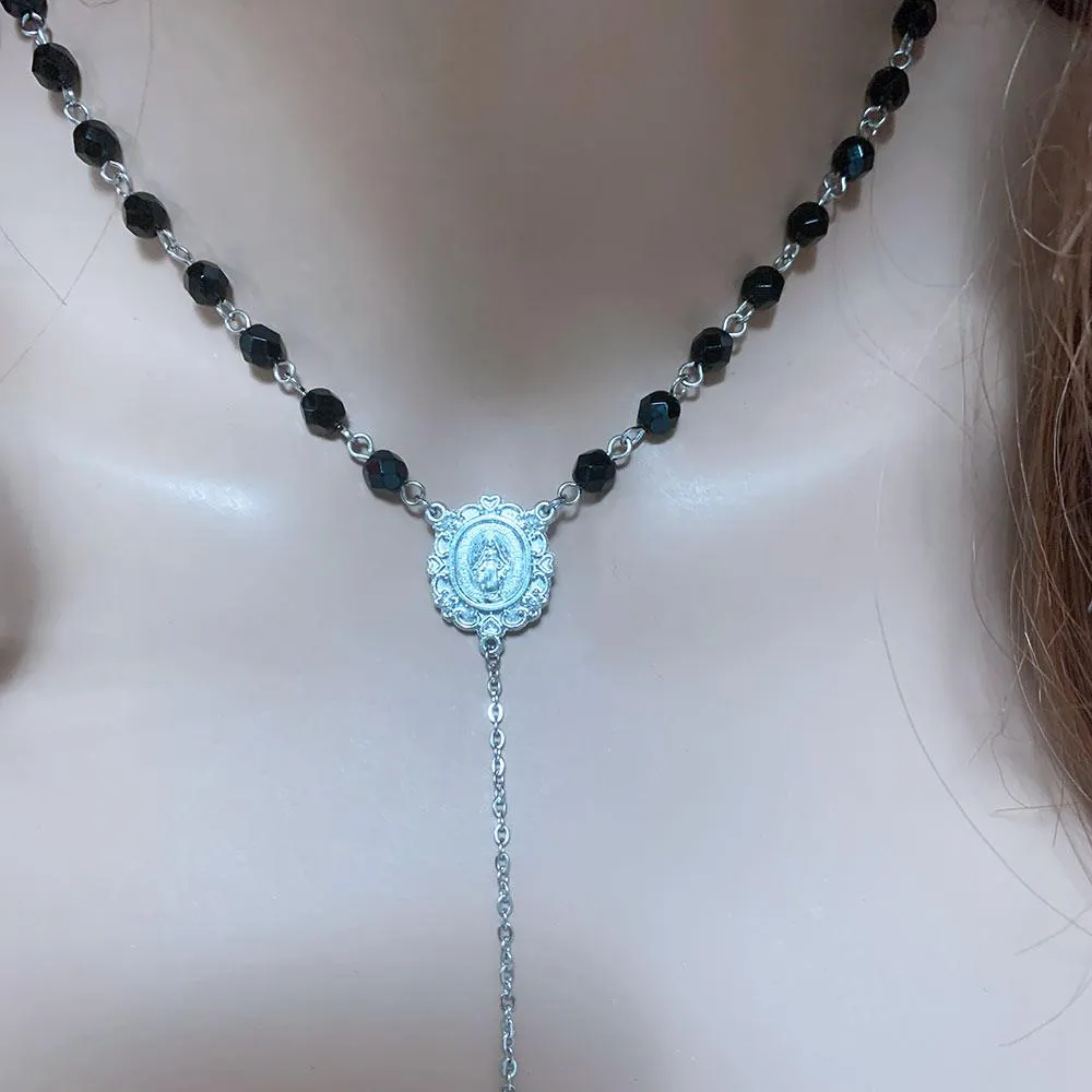 Black Crystal Rosary Style Necklace