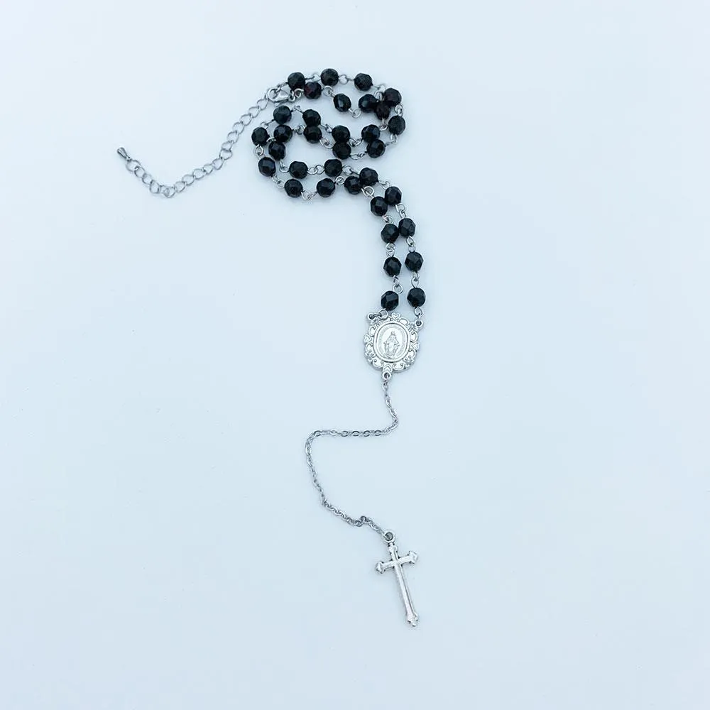 Black Crystal Rosary Style Necklace