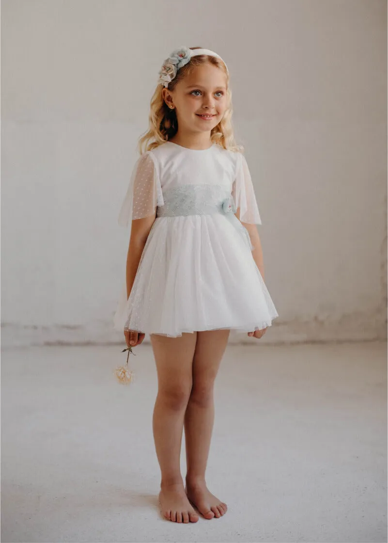 Ceremony Girls' Dress - Polka Dot Tulle (Aquamarine & Ivory) #4902