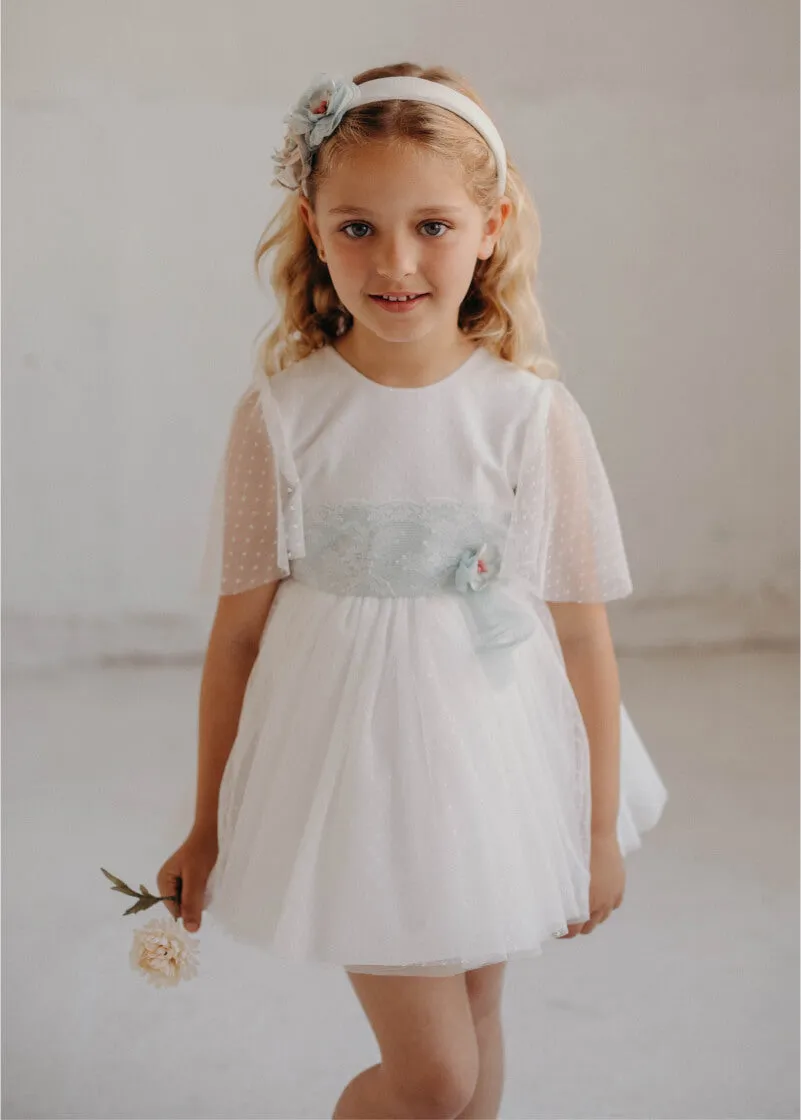Ceremony Girls' Dress - Polka Dot Tulle (Aquamarine & Ivory) #4902