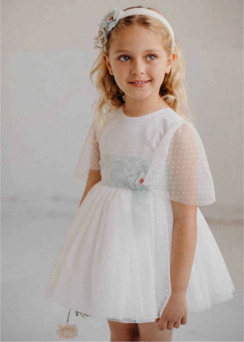 Ceremony Girls' Dress - Polka Dot Tulle (Aquamarine & Ivory) #4902