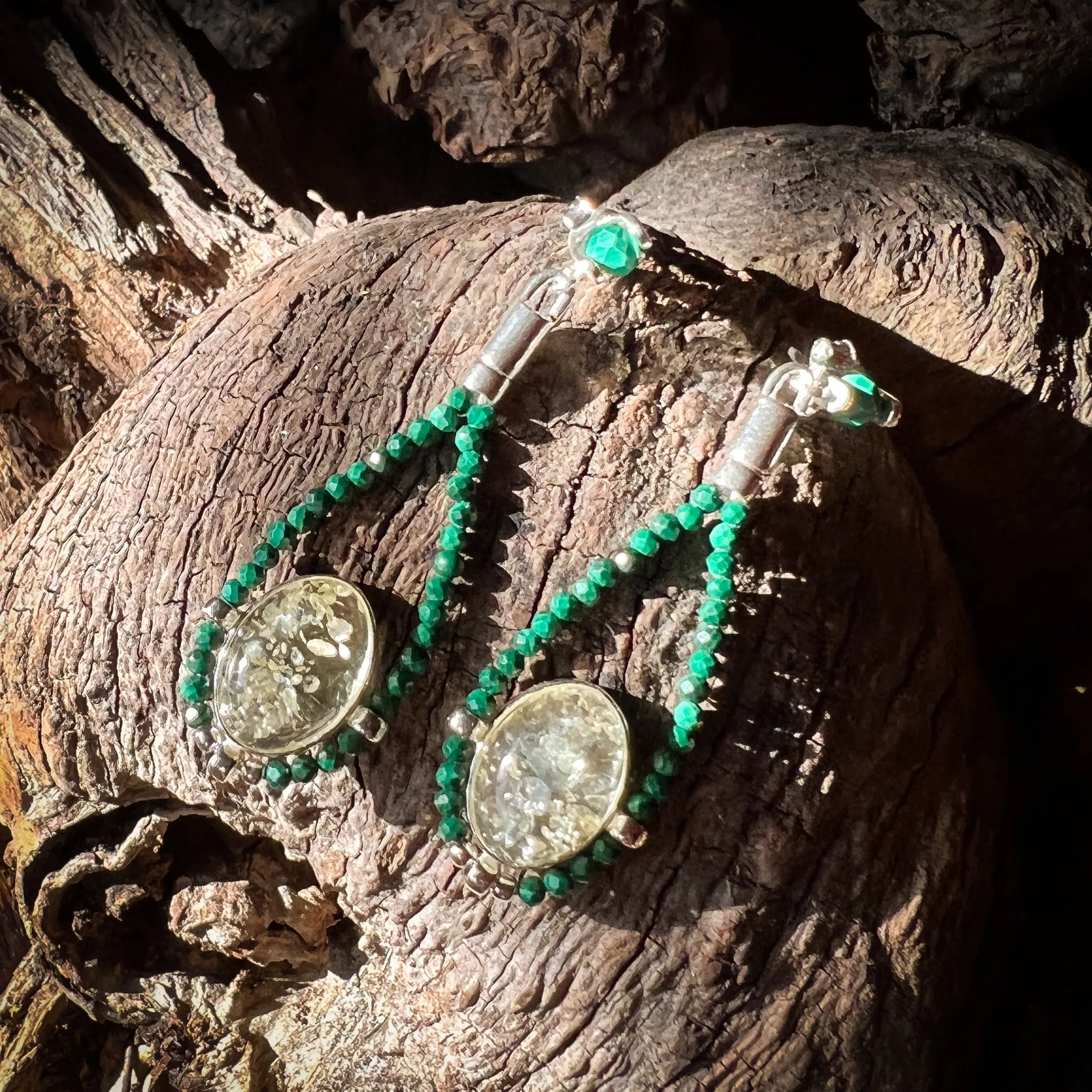 Citrine Amber & Malachite Post Dangle Earrings
