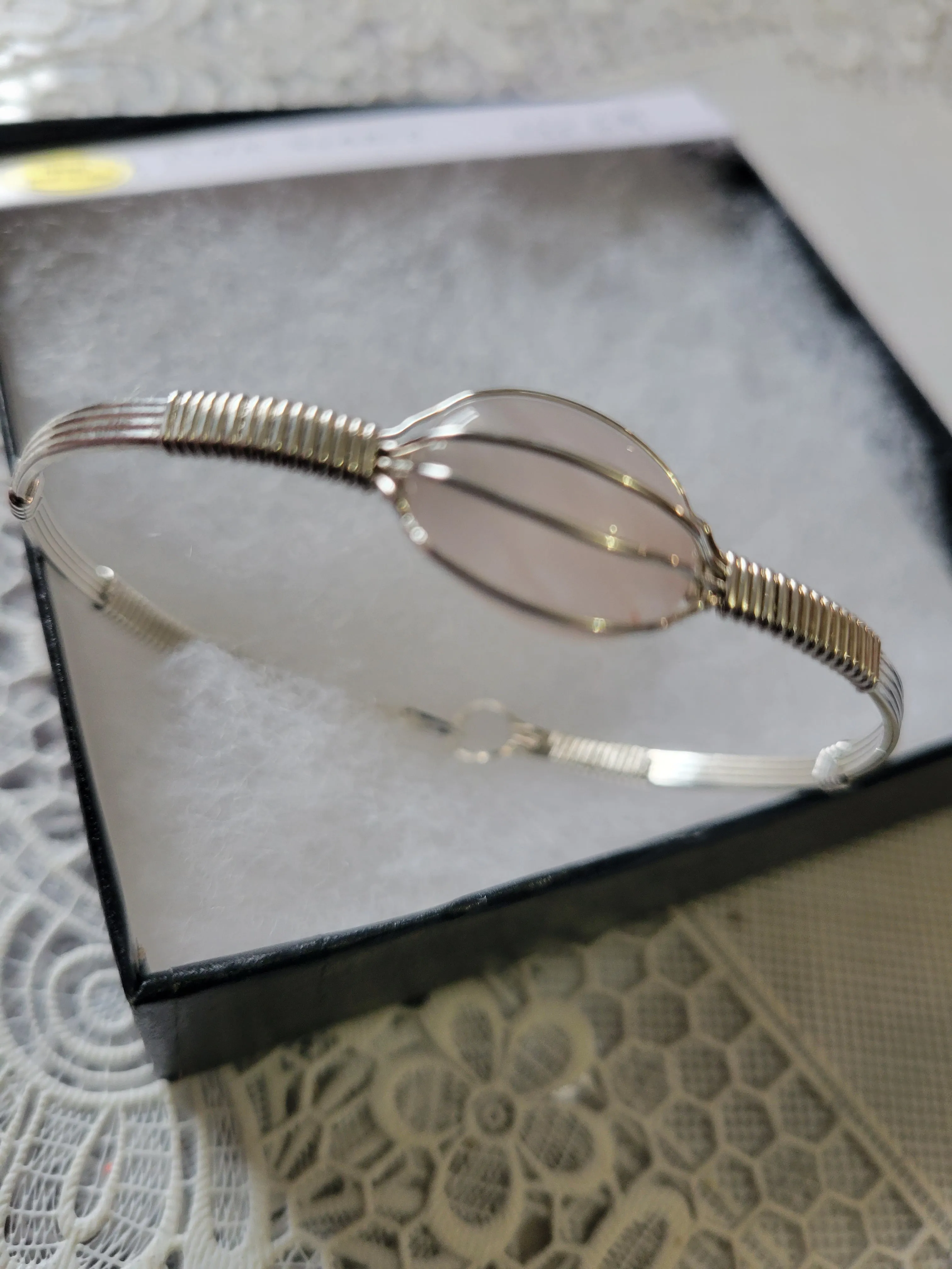 Custom Wire Wrapped Pink Quartz Bracelet Sterling Silver Size 6 3/4