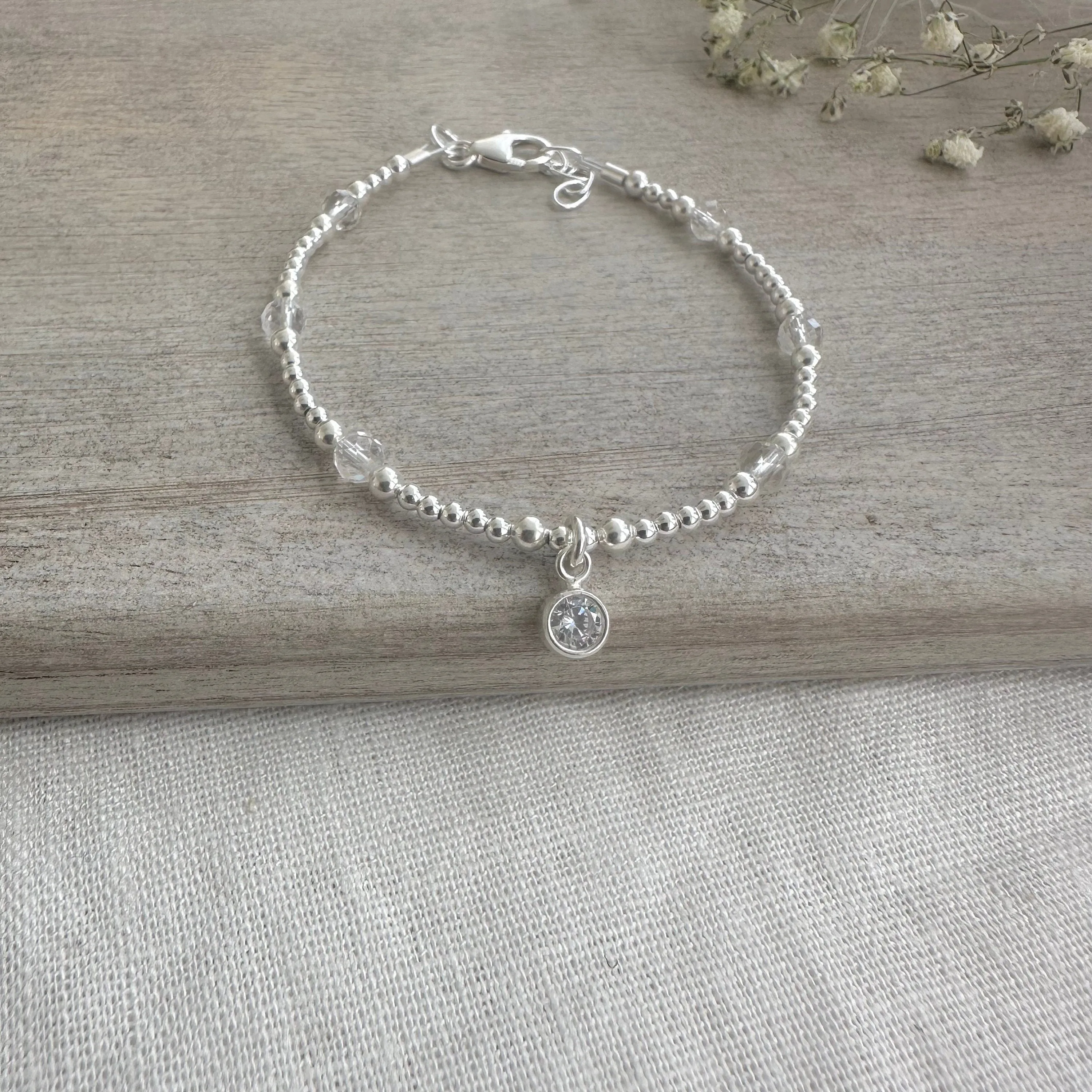 Dainty April Birthstone Bracelet with Cubic Zirconia or crystal Sterling Silver, birthstone bracelets