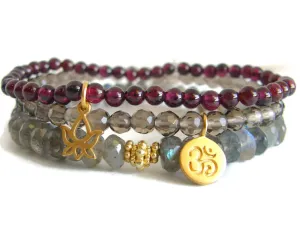 Dreamer Bracelet Stack | OM | Lotus | Garnet, Smokey Quartz, Labradorite | Yoga Jewelry