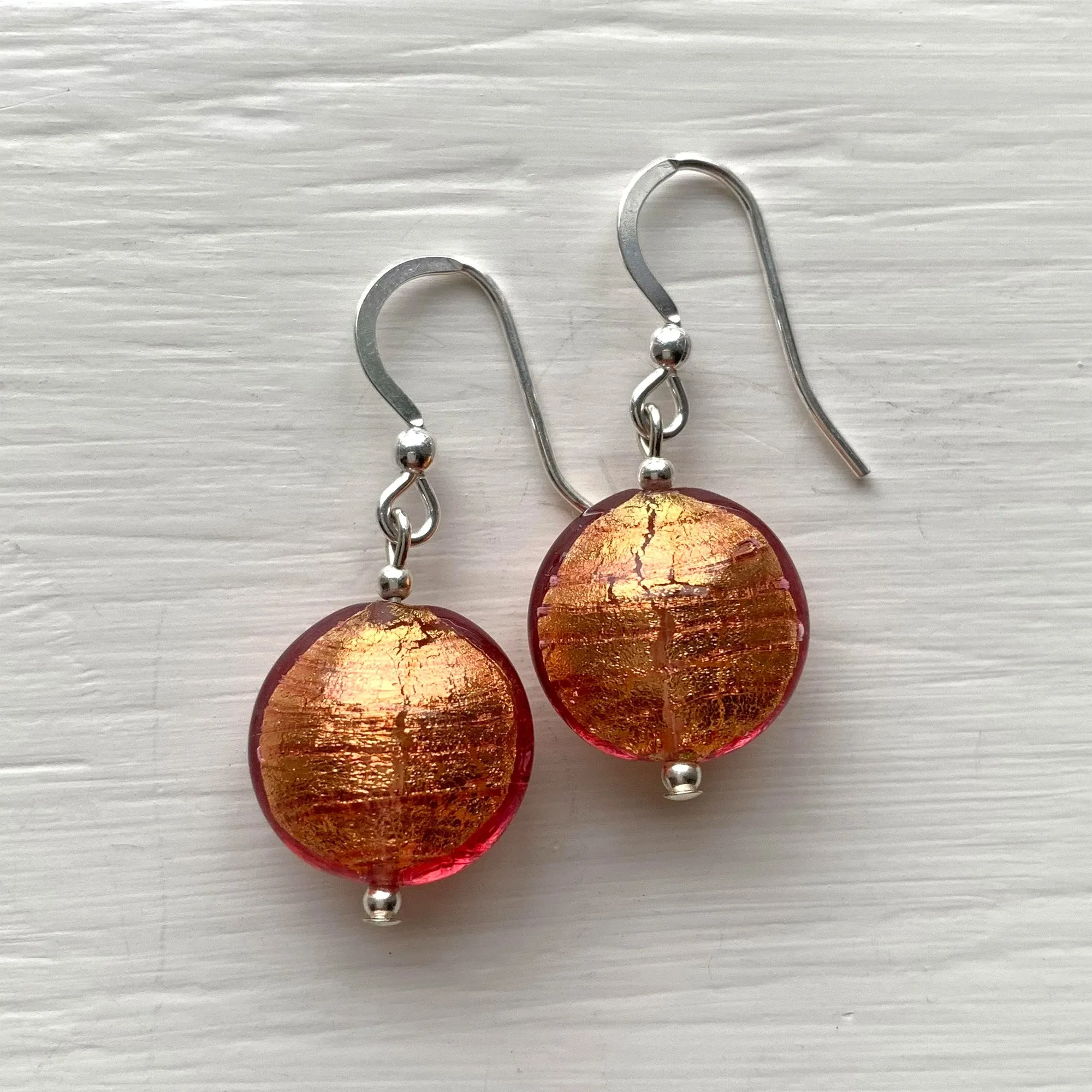 Earrings with burnt orange (rose pink) Murano glass small lentil drops on silver or gold hooks
