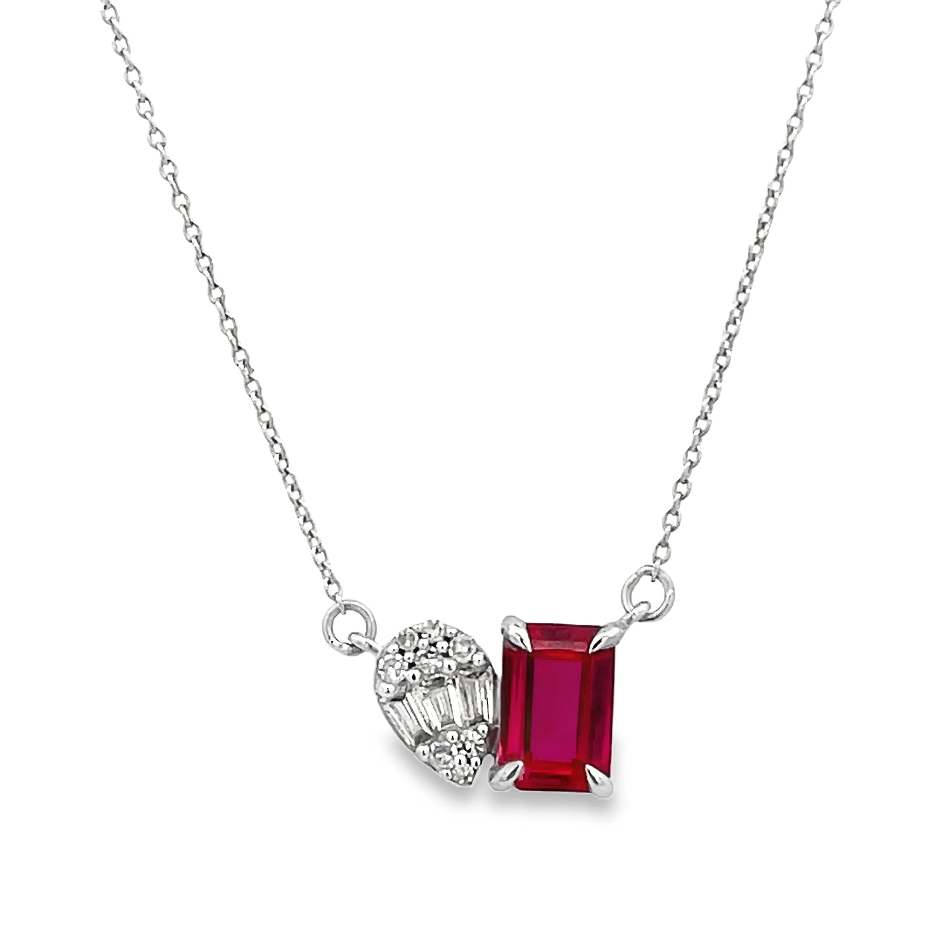 Emerald cut Ruby & pear shaped diamond pendant necklace