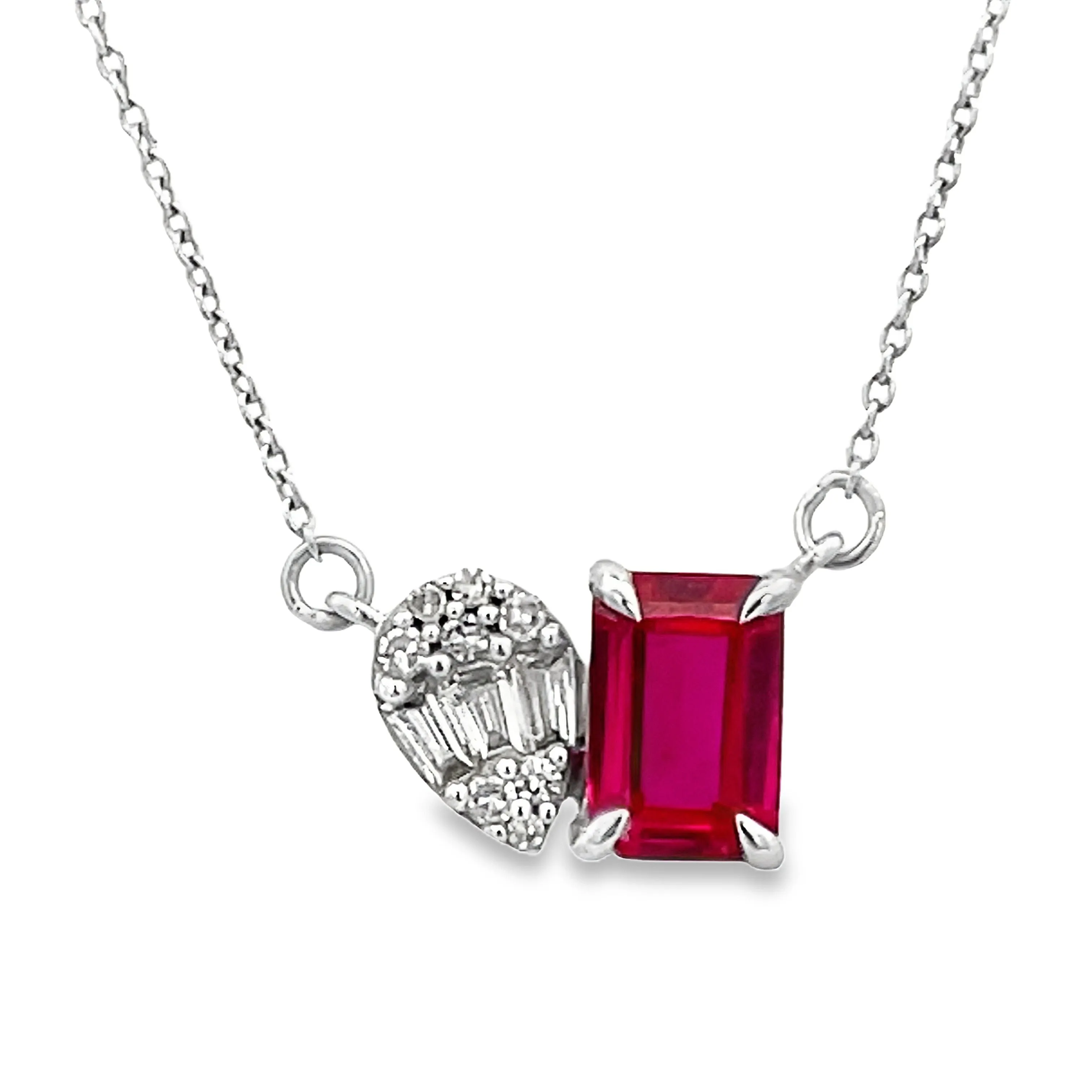 Emerald cut Ruby & pear shaped diamond pendant necklace