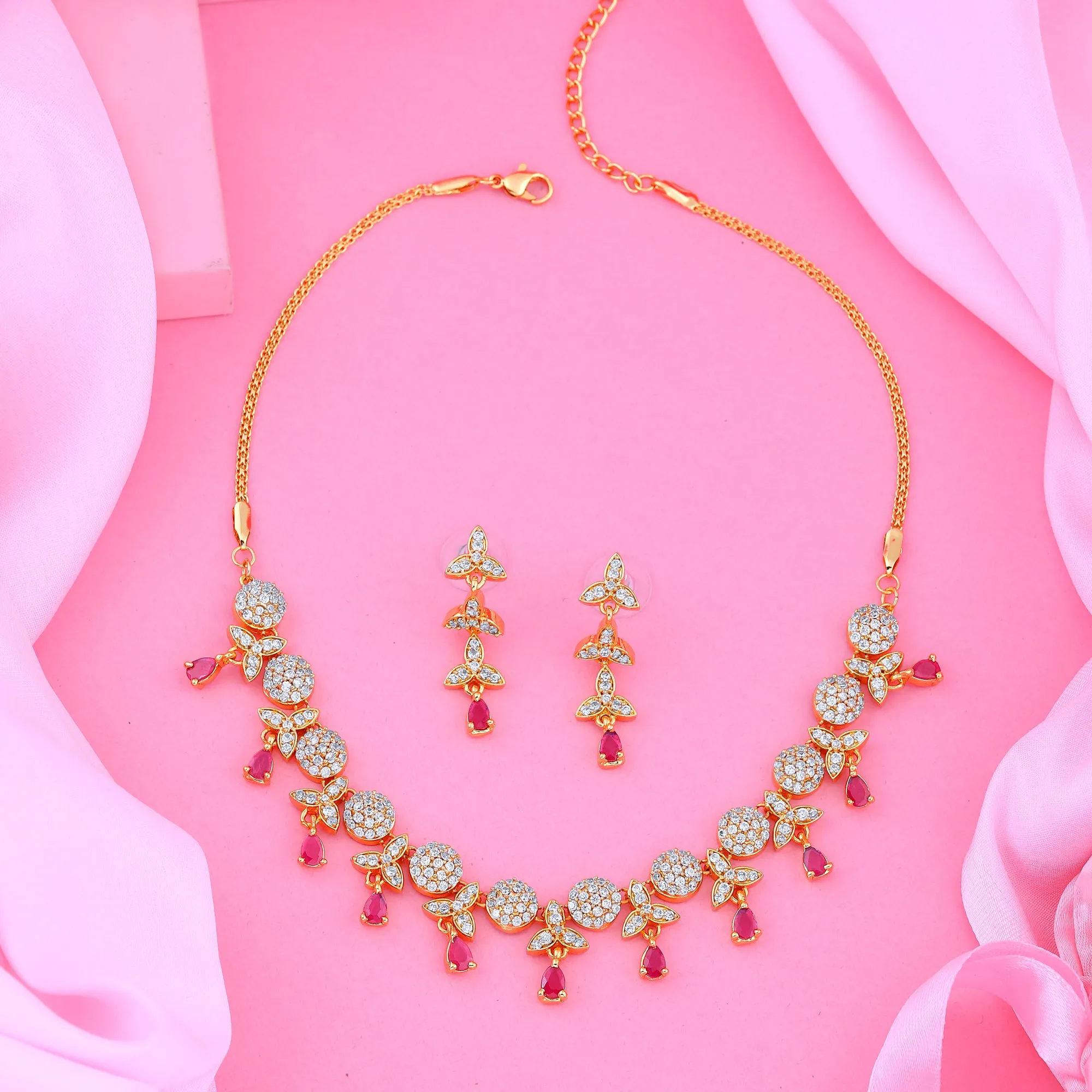 Estele - Fancy Ruby stones and American Diaomond Gold plated Necklace Set