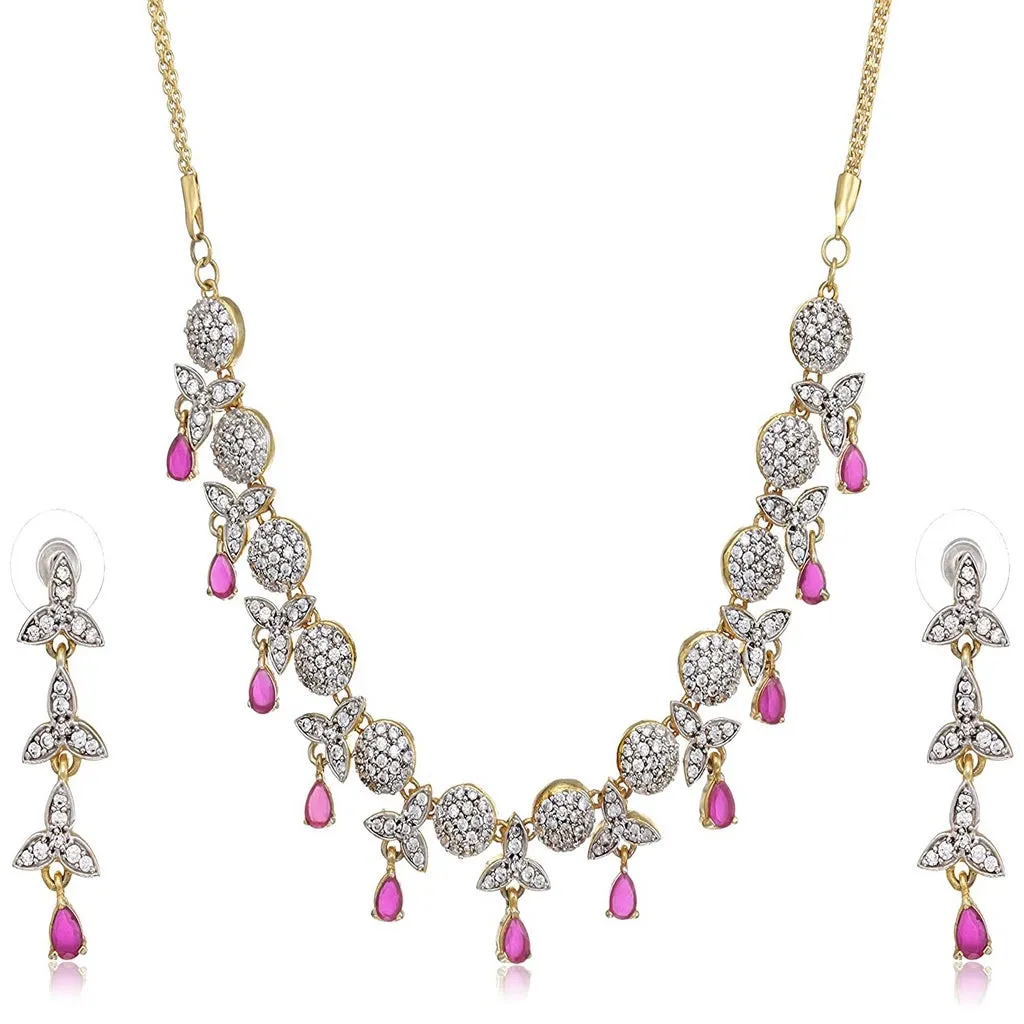 Estele - Fancy Ruby stones and American Diaomond Gold plated Necklace Set
