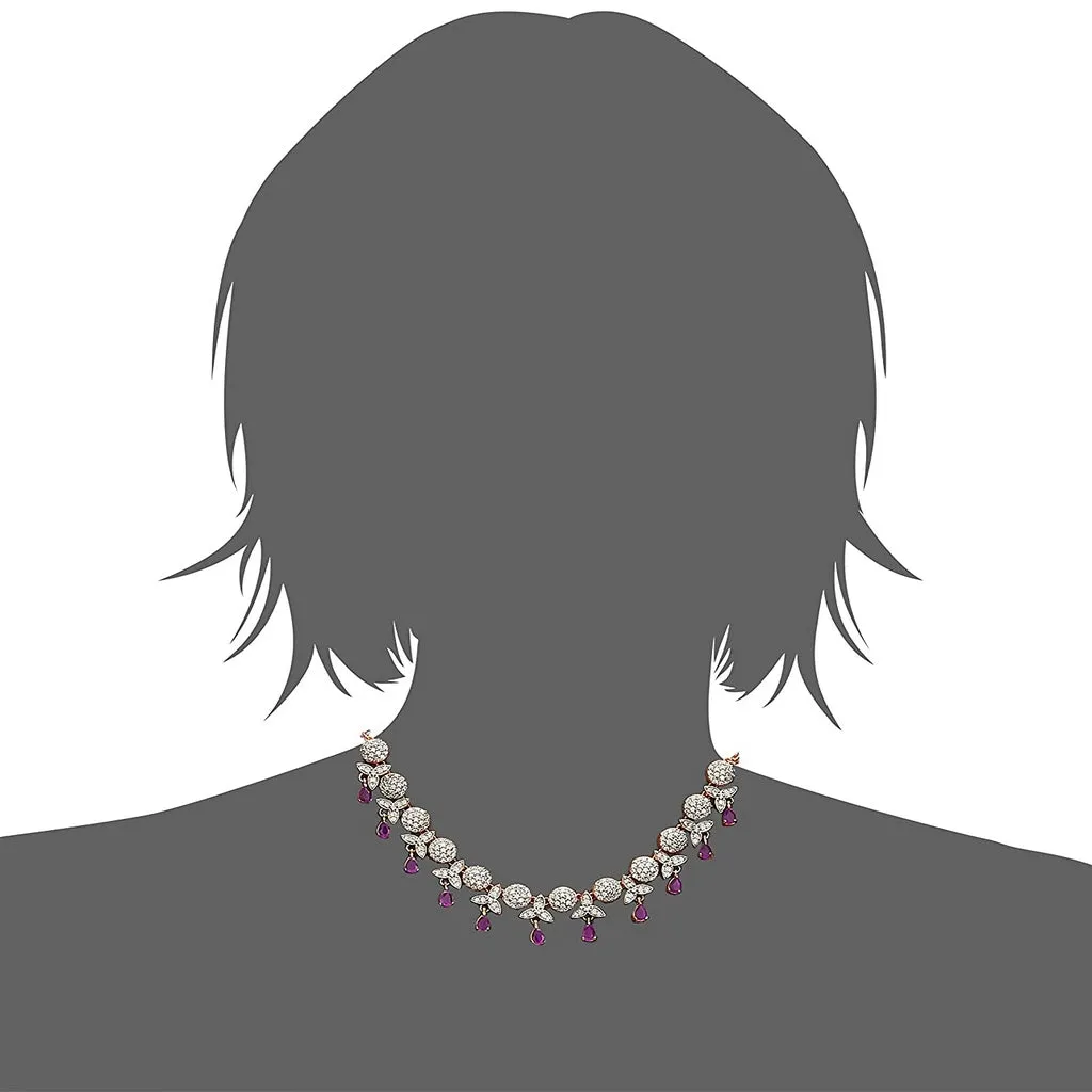 Estele - Fancy Ruby stones and American Diaomond Gold plated Necklace Set
