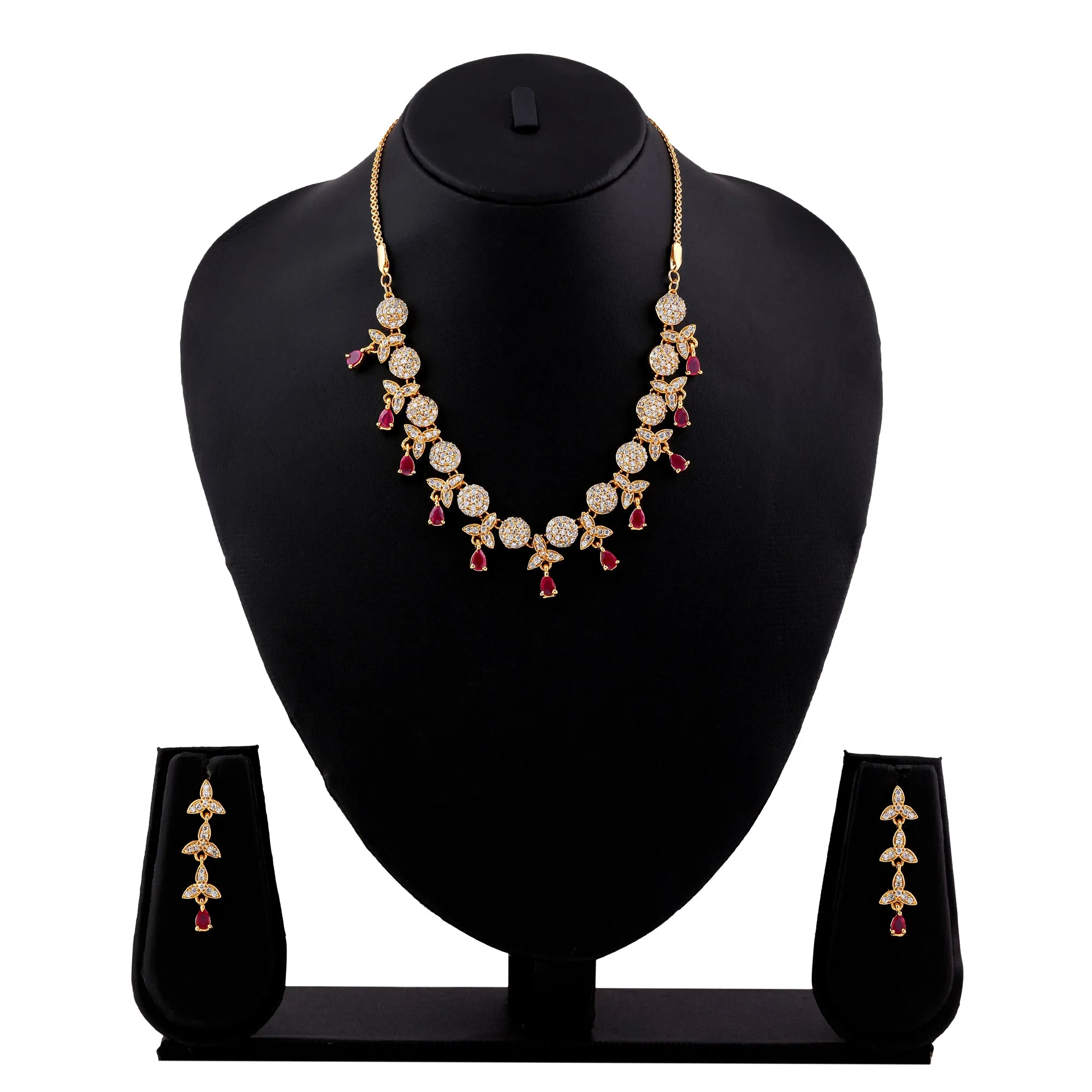 Estele - Fancy Ruby stones and American Diaomond Gold plated Necklace Set