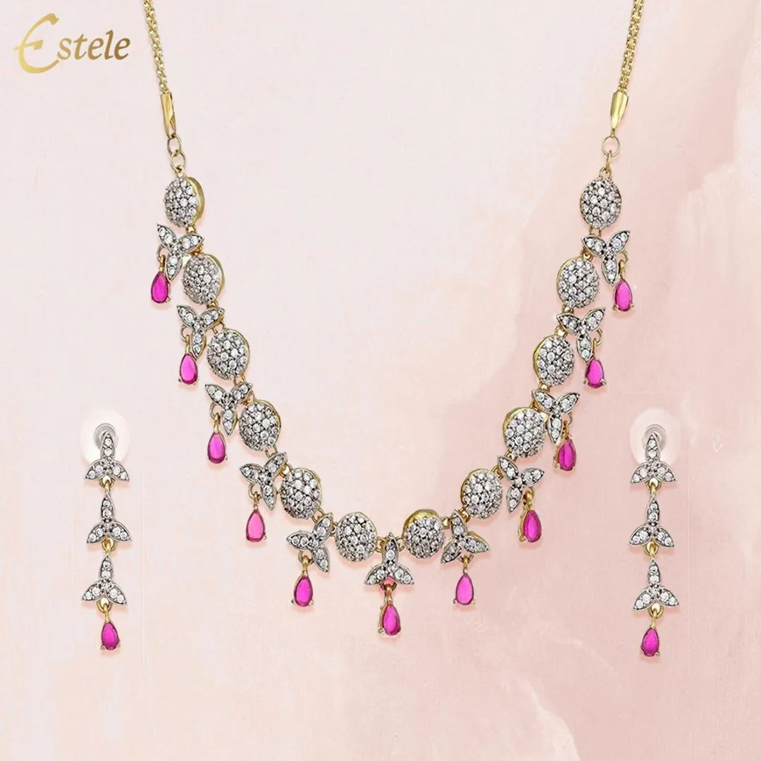 Estele - Fancy Ruby stones and American Diaomond Gold plated Necklace Set