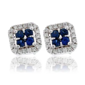 Four Blue Sapphire & Diamond Halo Square Stud Earrings