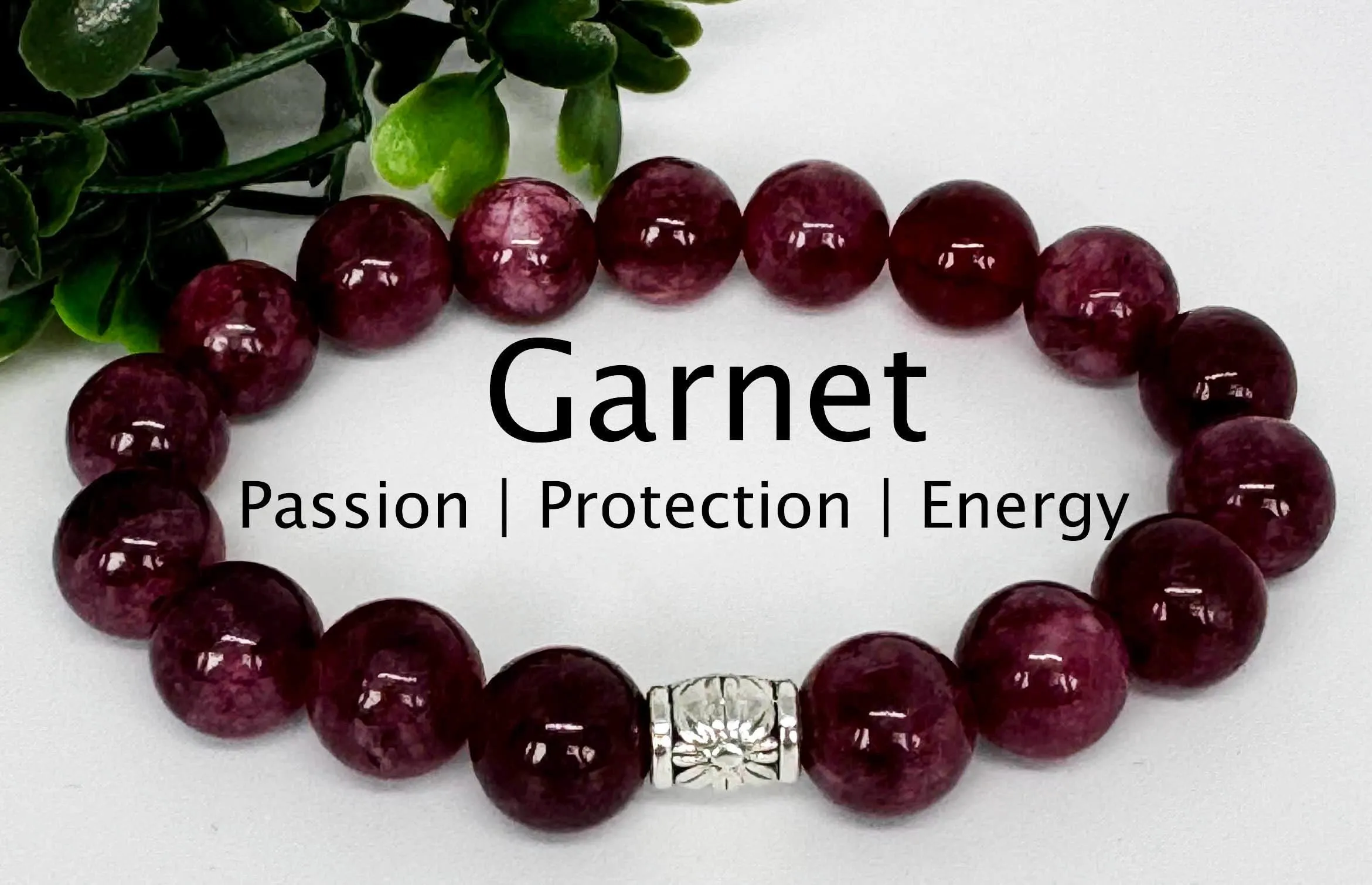Garnet 10mm stretch beaded bracelet with silver. spacer. Gift for him, gift for her. January Birthday Stone. Passion, Protection, Energy.