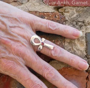 Garnet Ankh Ring, Faceted Round, 925 Sterling Silver, Size 8,9