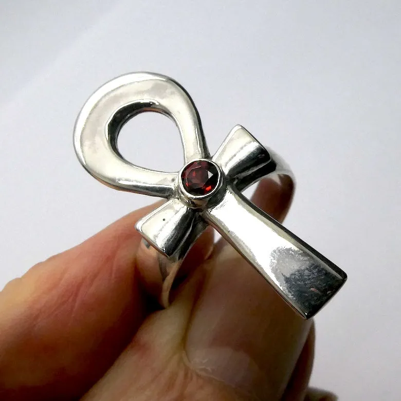 Garnet Ankh Ring, Faceted Round, 925 Sterling Silver, Size 8,9