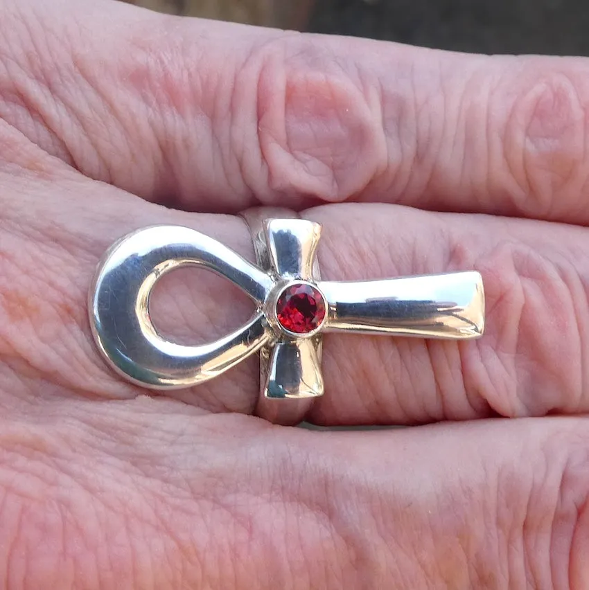Garnet Ankh Ring, Faceted Round, 925 Sterling Silver, Size 8,9