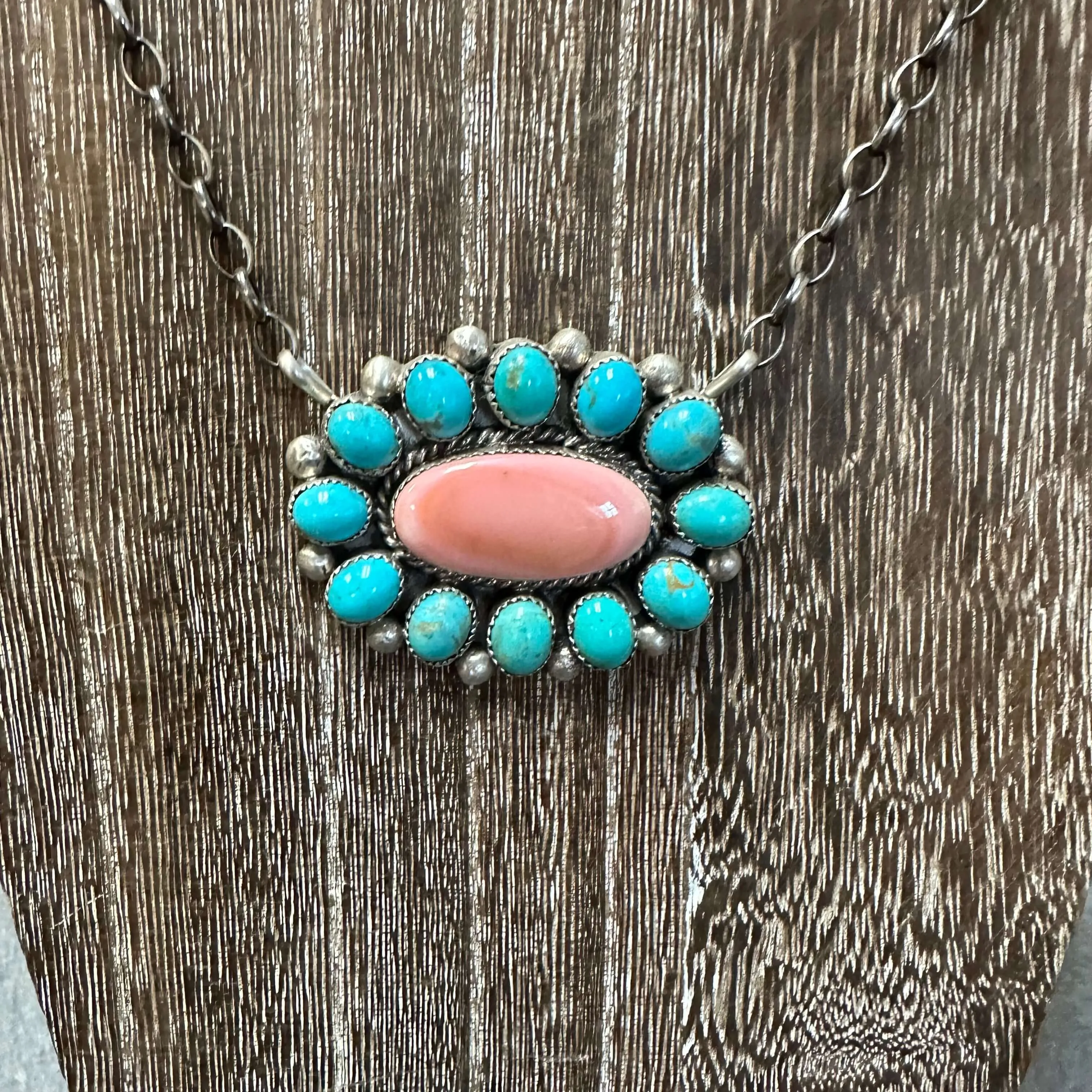 Gorgeous Statement Turquoise & Pink Conch Cluster Genuine Necklace