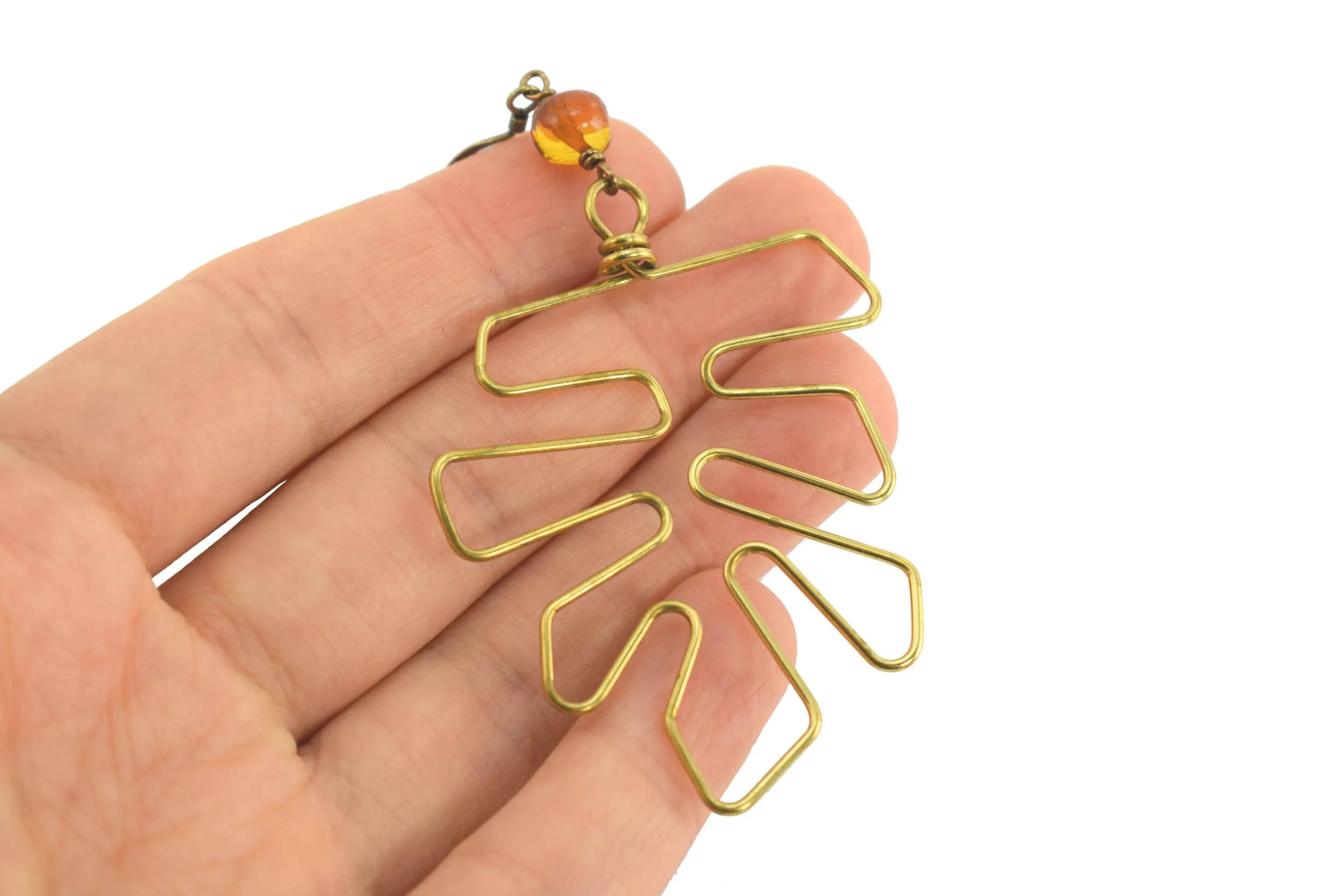 Large Leaf Earrings Brass Baltic Amber Monstera Plant