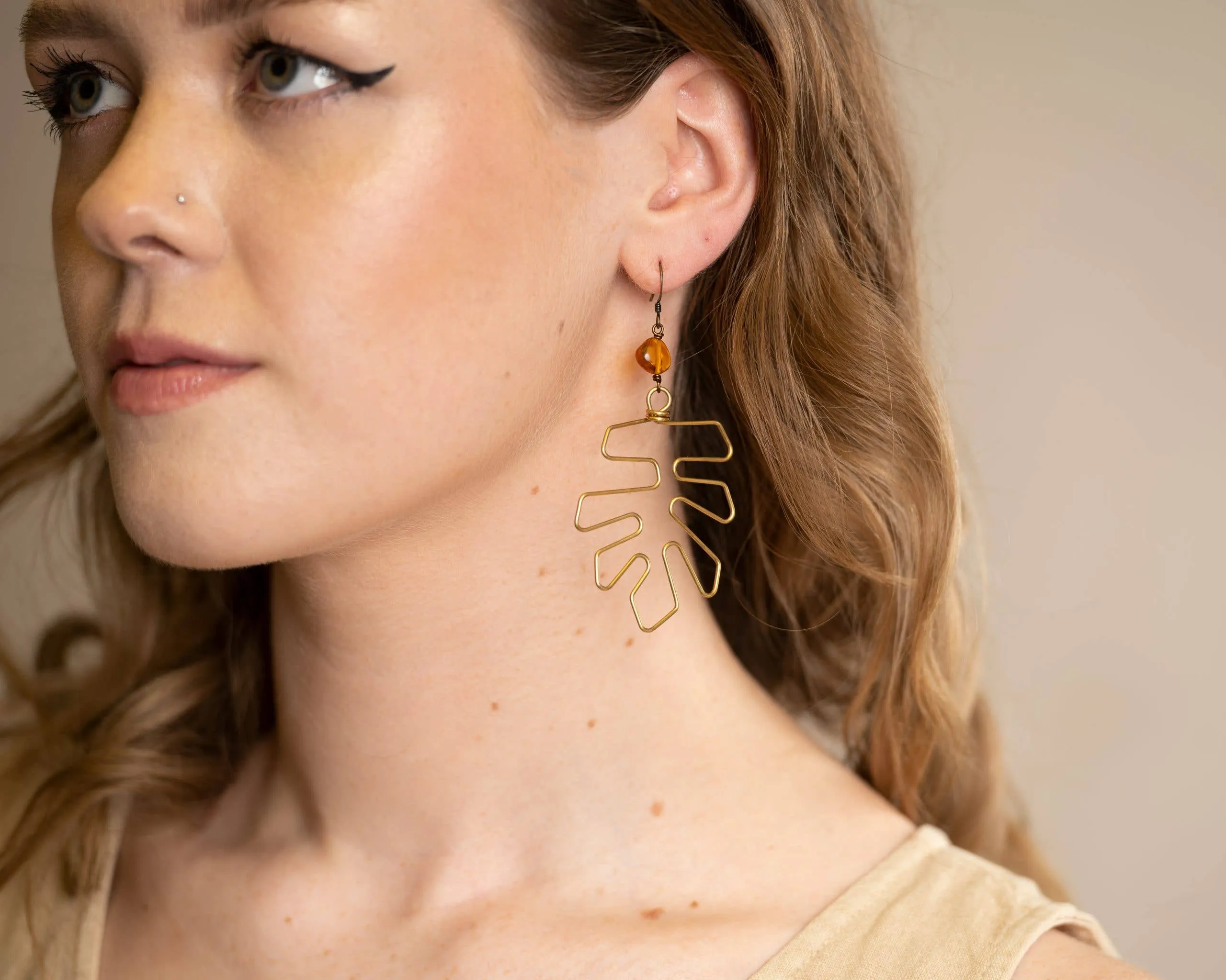 Large Leaf Earrings Brass Baltic Amber Monstera Plant