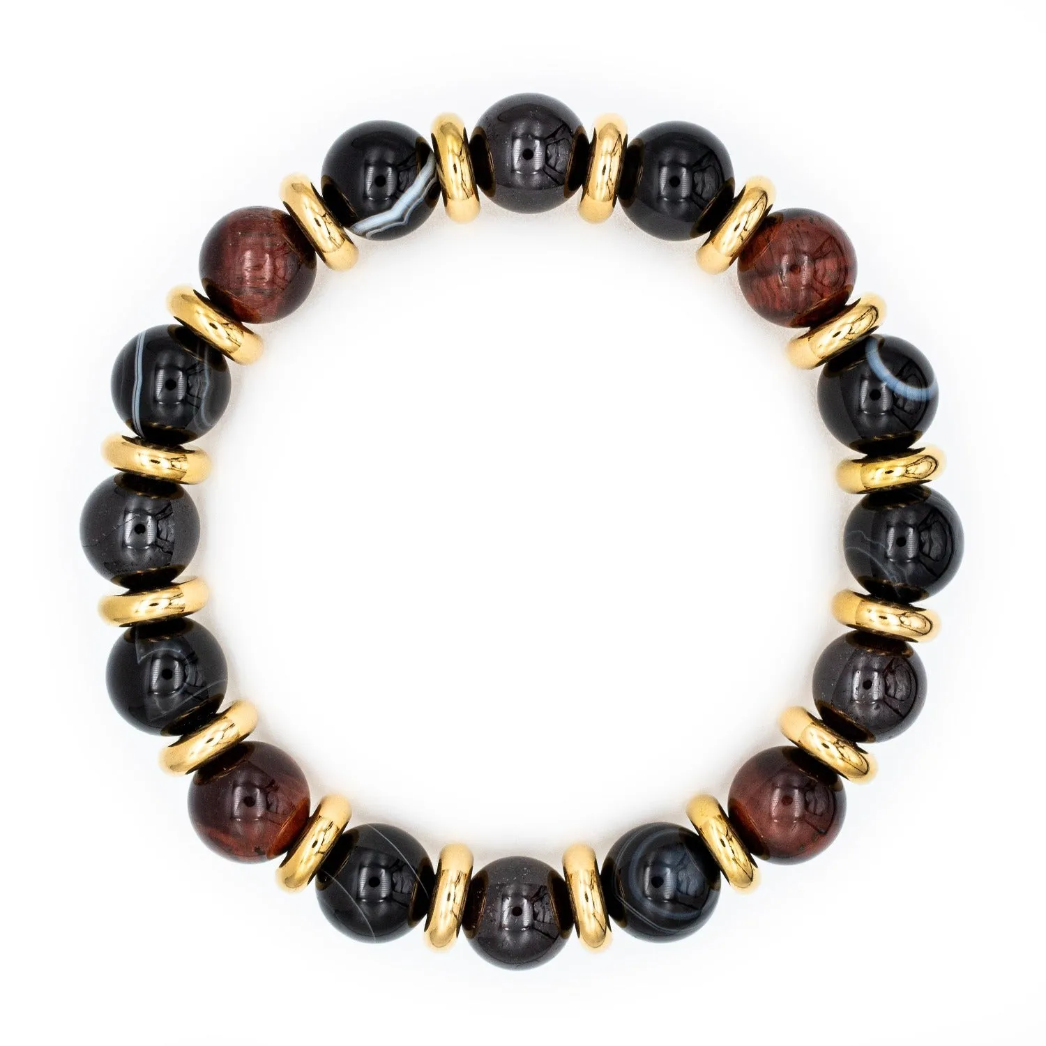 Men's Vitality and Balance Bracelet: Garnet Almandine, Agate Eye, Tiger Eye Red and Gold