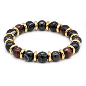 Men's Vitality and Balance Bracelet: Garnet Almandine, Agate Eye, Tiger Eye Red and Gold