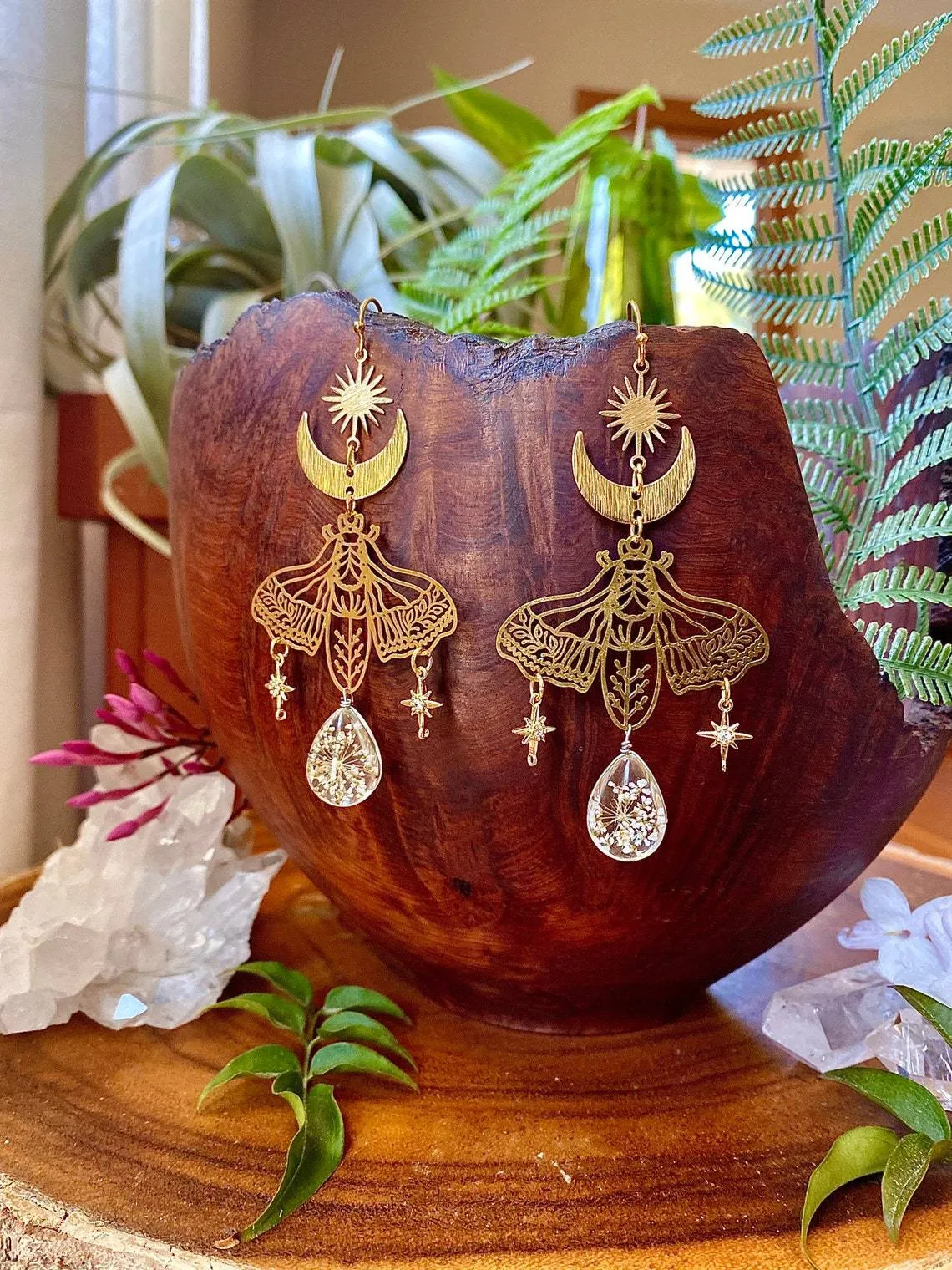 Moth Pattern Botanical Amber Drop Earrings