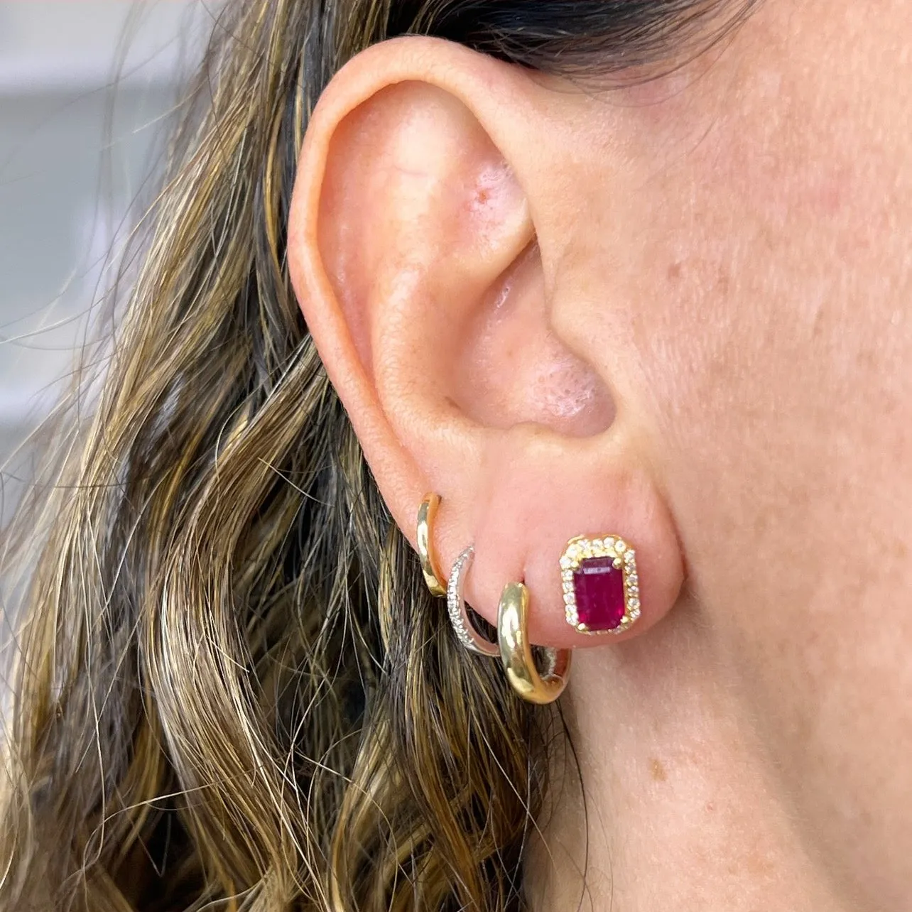 Octagon Ruby With Diamond Halo Studs