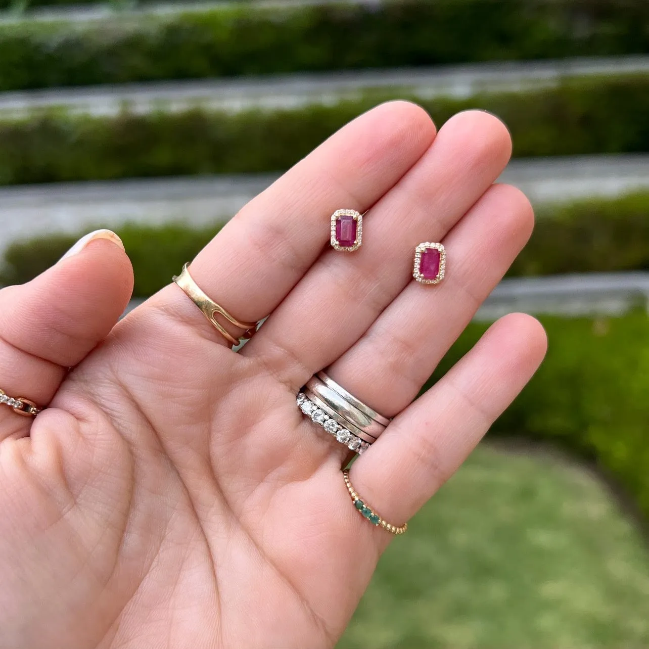Octagon Ruby With Diamond Halo Studs