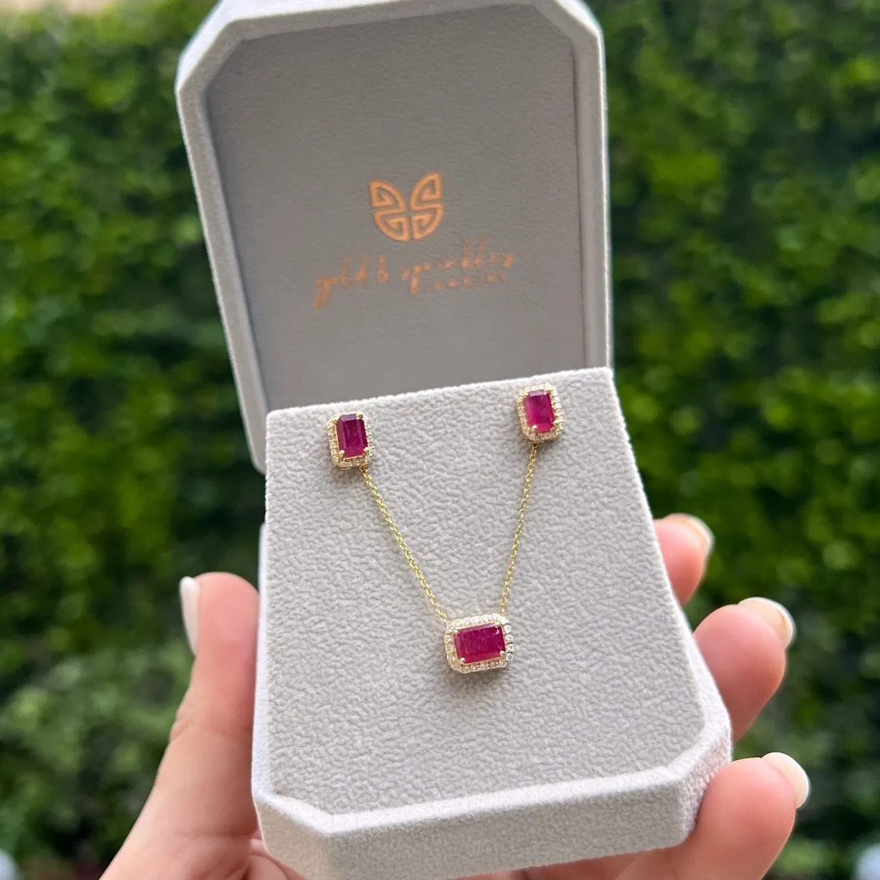 Octagon Ruby With Diamond Halo Studs