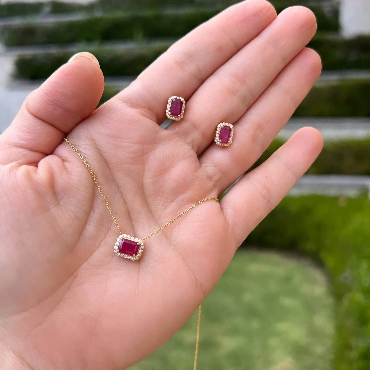 Octagon Ruby With Diamond Halo Studs