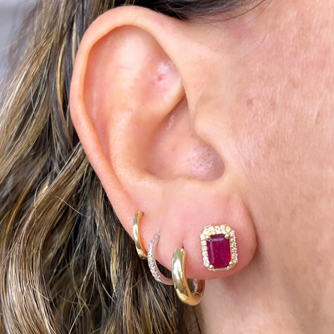 Octagon Ruby With Diamond Halo Studs