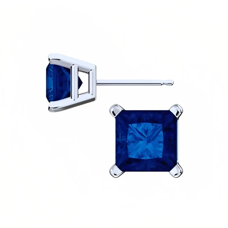 Paris Jewelry 18k White Gold 2 Pair Created Blue Sapphire 4mm Round & Princess Cut Stud Earrings Plated