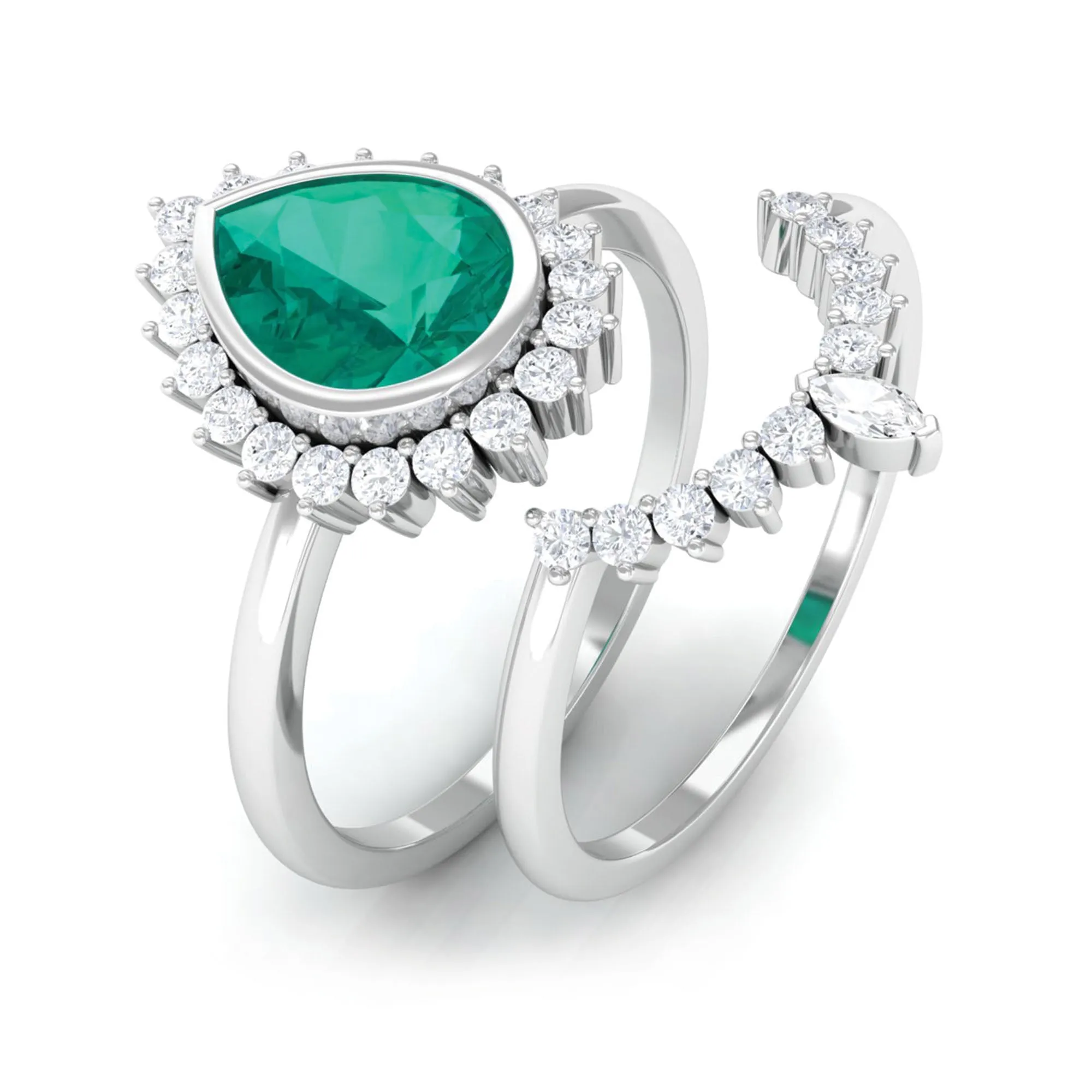 Real Emerald Teardrop Wedding Ring Set with Diamond Halo