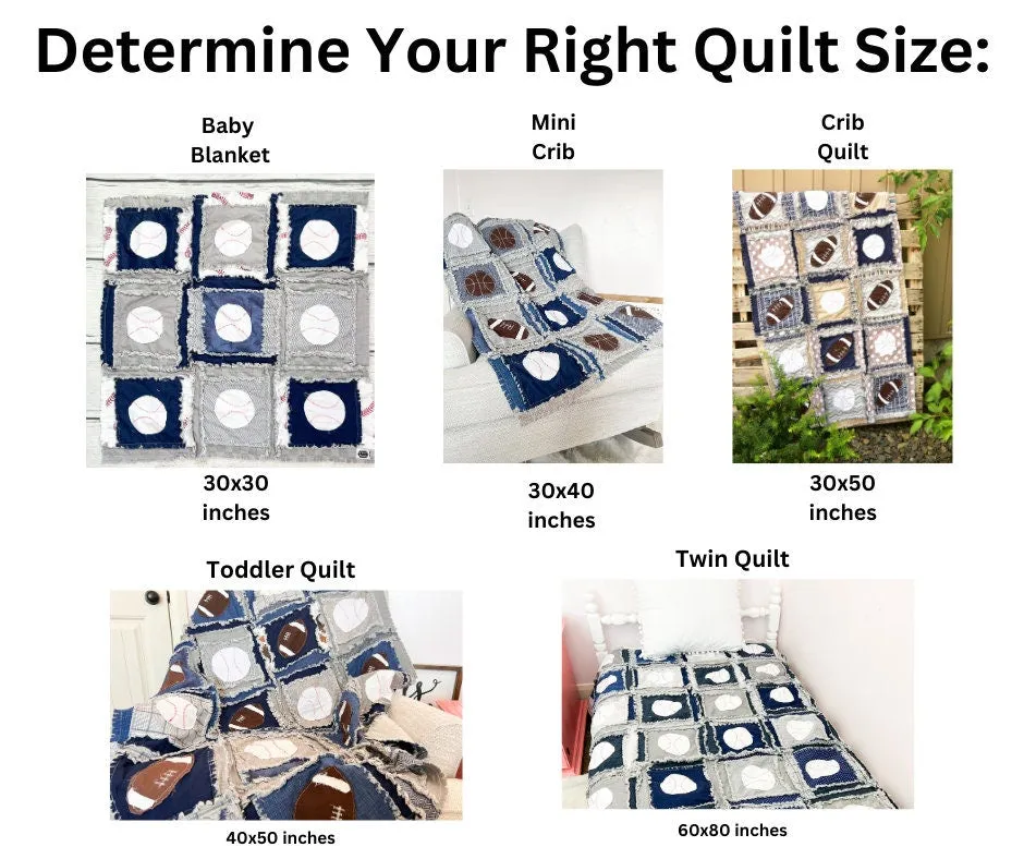 Red Sport Baby Boy Rag Quilt Baby Blanket, Sports Theme Rag Quilt, Football, Baseball, Football Toddler Bedding for Boys