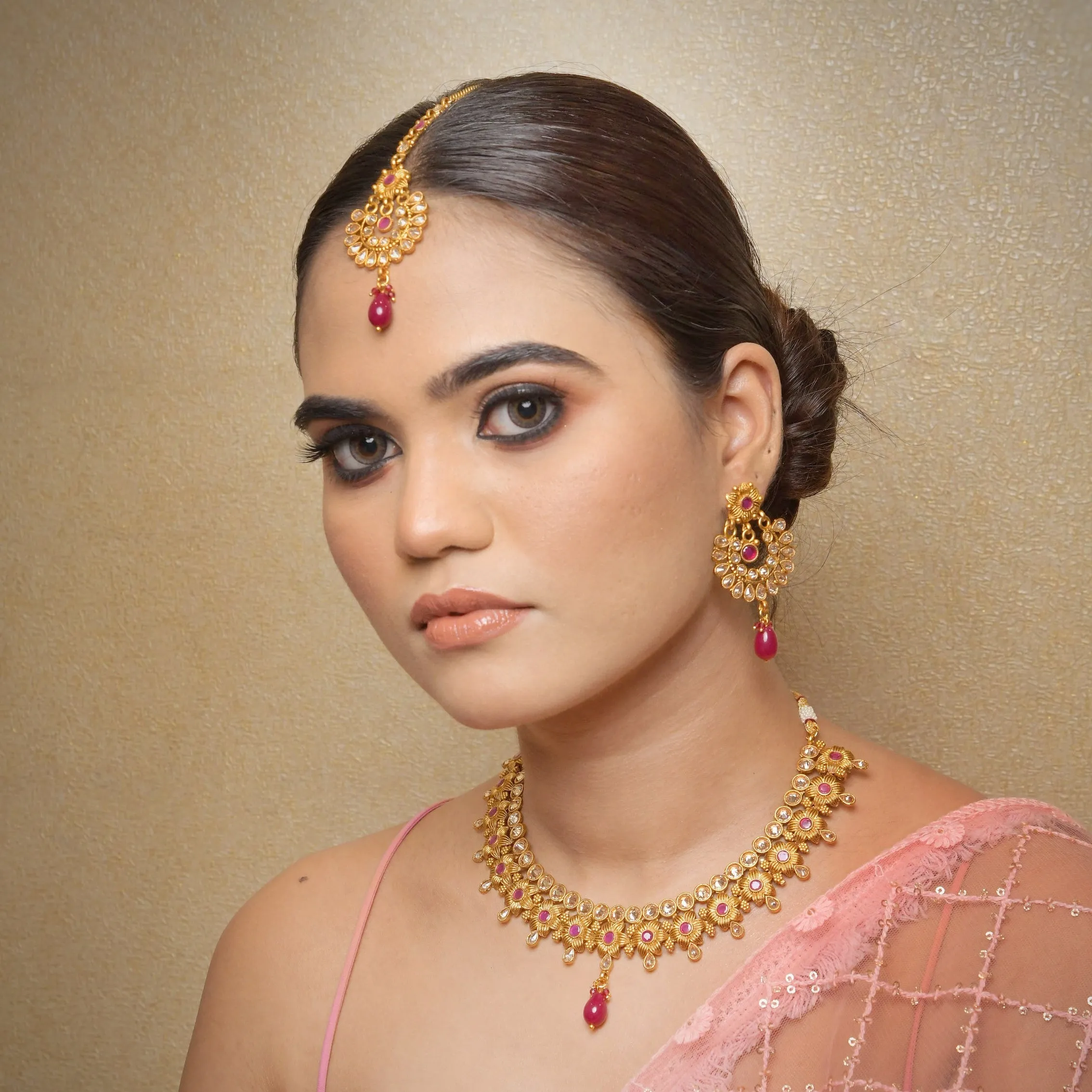 Ruby Gold Look Necklace Set 19687-6871