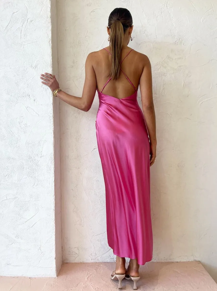 Sofia The Label Elle Silk Midi Dress in French Pink
