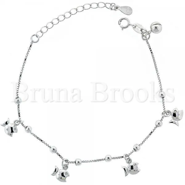 Sterling Silver 03.183.0078 Charm Bracelet, Fish Design, Diamond Cutting Finish, Rhodium Tone
